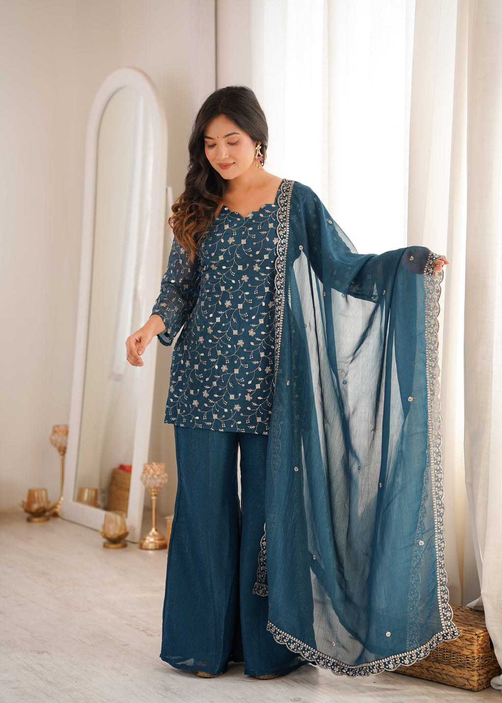 Crunchy Silk Embroidered Bell Bottom Suit with Sequin, Jari & Lace Work Dupatta