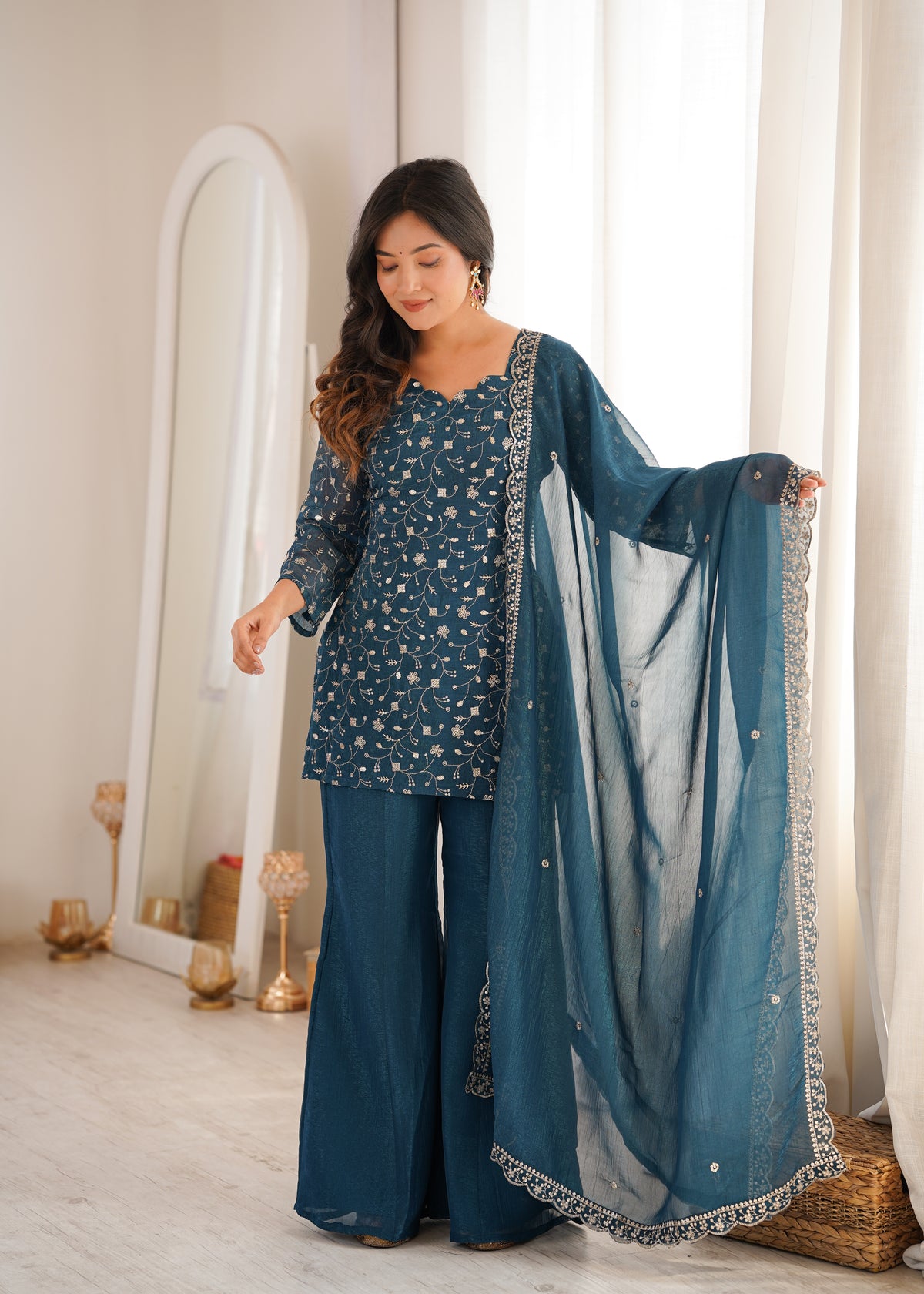 Crunchy Silk Embroidered Bell Bottom Suit with Sequin, Jari & Lace Work Dupatta