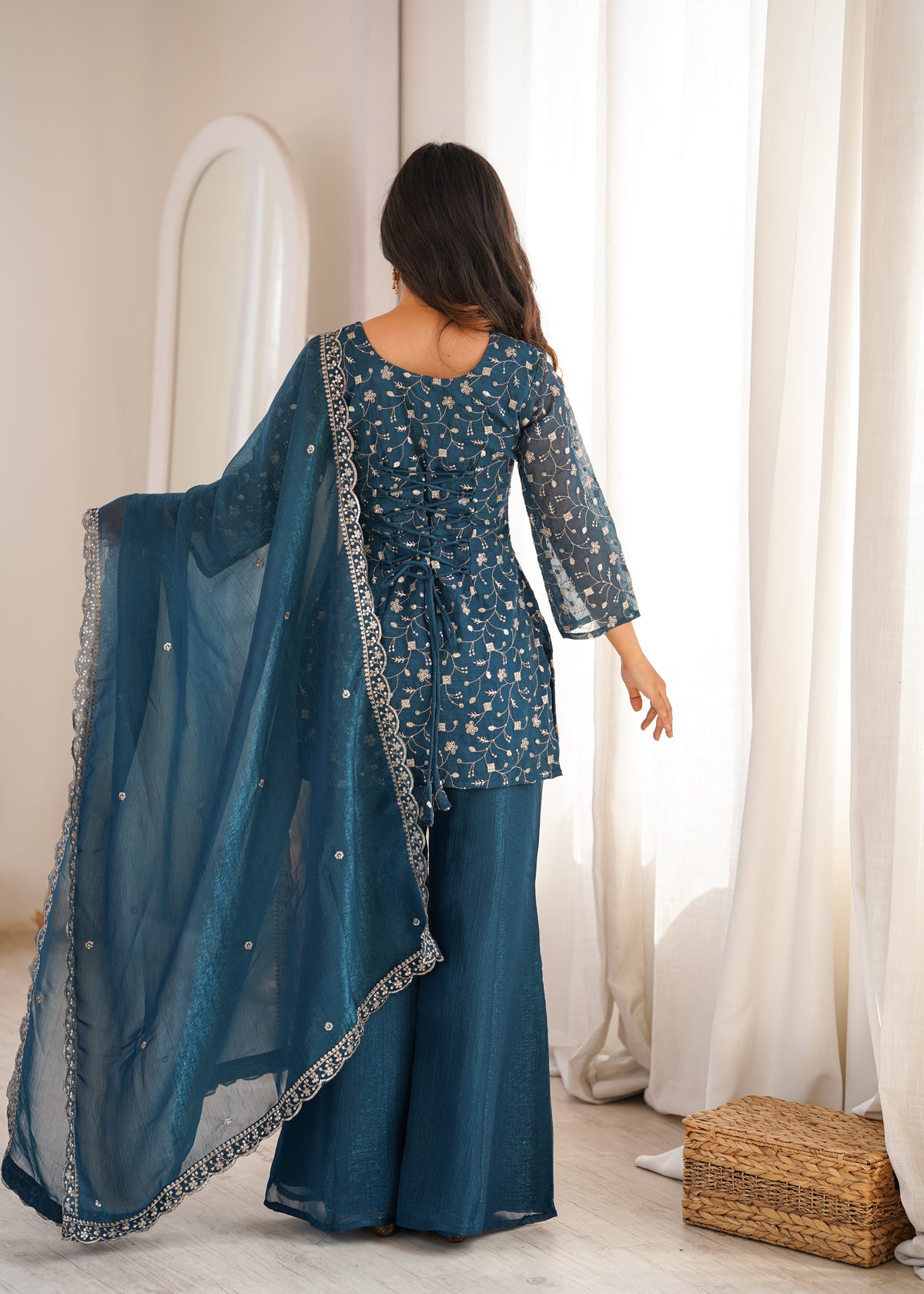 Crunchy Silk Embroidered Bell Bottom Suit with Sequin, Jari & Lace Work Dupatta