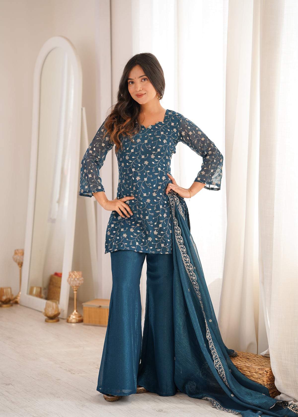 Crunchy Silk Embroidered Bell Bottom Suit with Sequin, Jari & Lace Work Dupatta