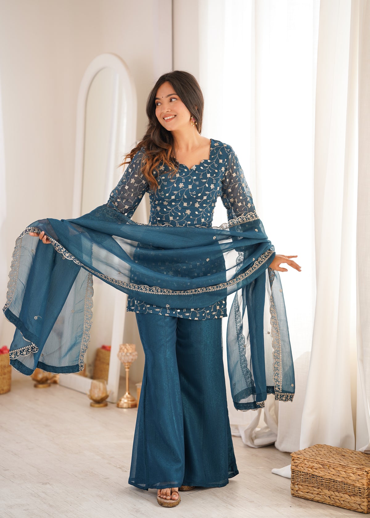 Crunchy Silk Embroidered Bell Bottom Suit with Sequin, Jari & Lace Work Dupatta