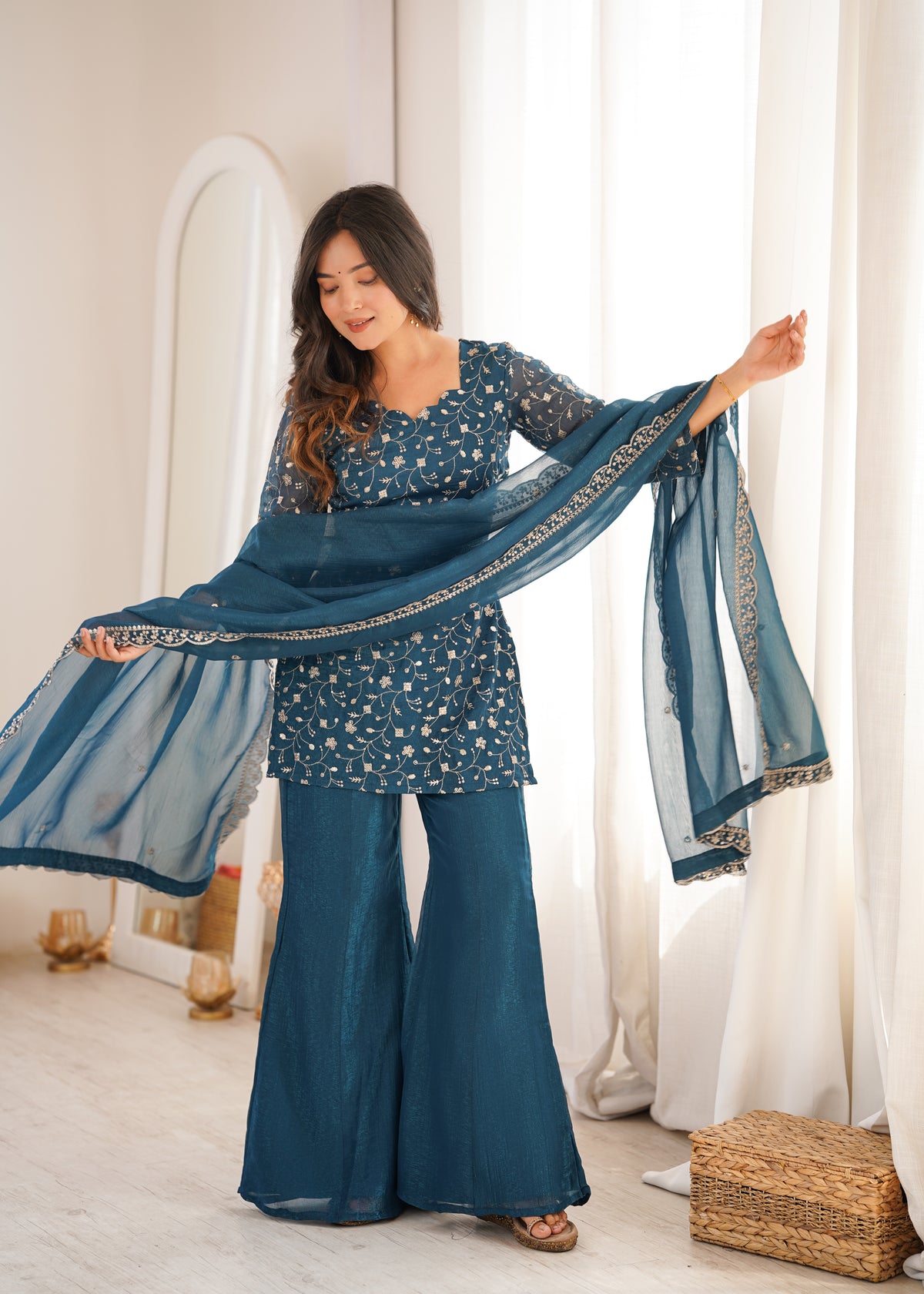 Crunchy Silk Embroidered Bell Bottom Suit with Sequin, Jari & Lace Work Dupatta