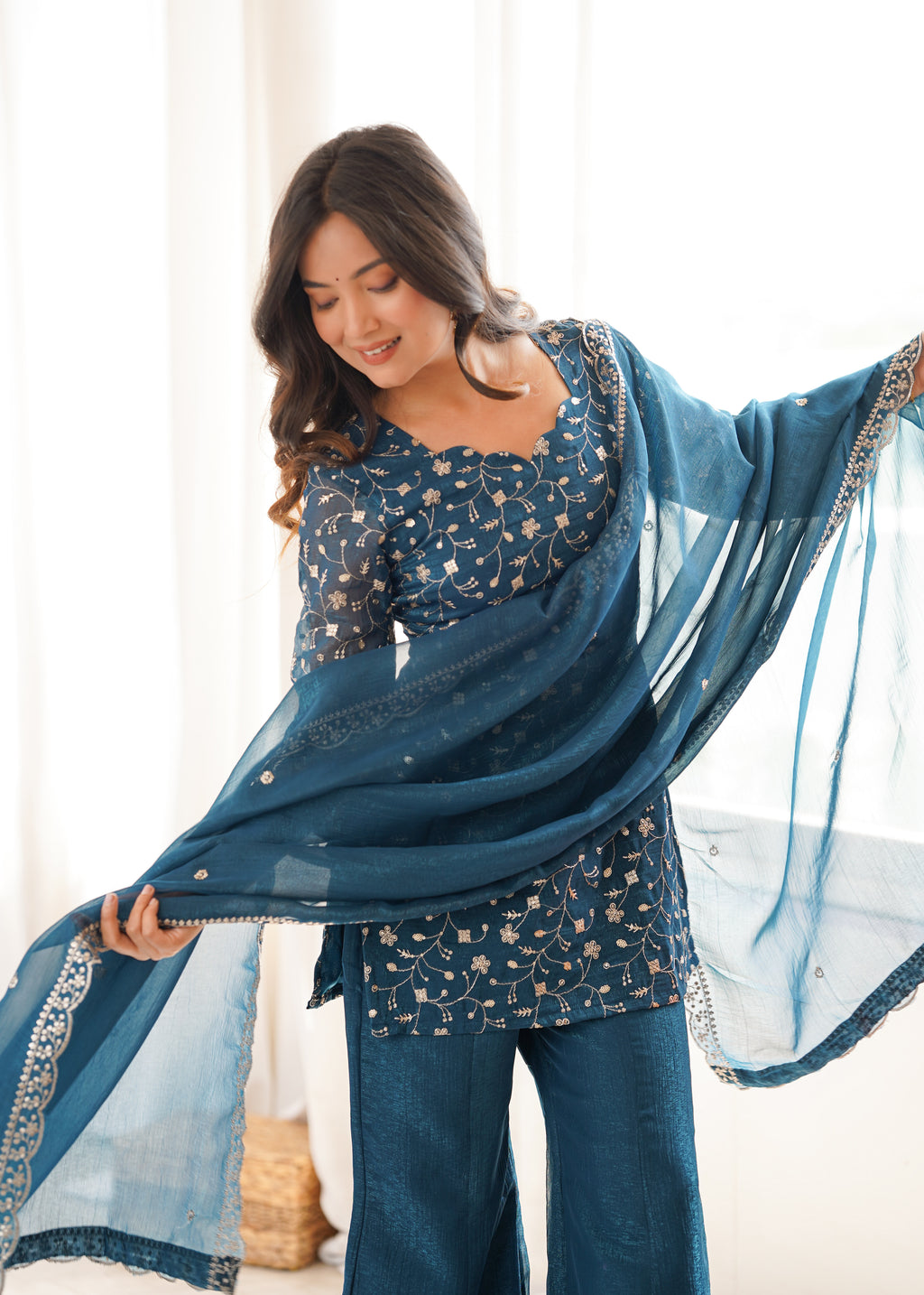 Crunchy Silk Embroidered Bell Bottom Suit with Sequin, Jari & Lace Work Dupatta