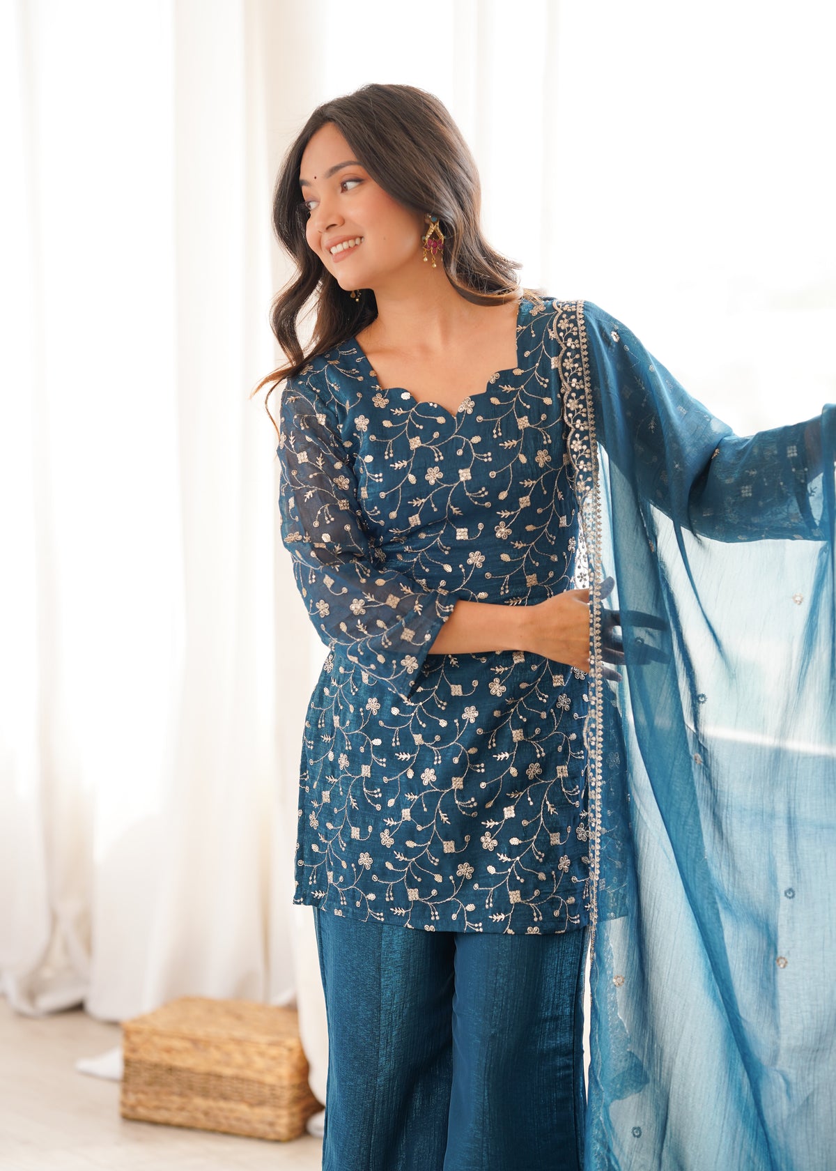 Crunchy Silk Embroidered Bell Bottom Suit with Sequin, Jari & Lace Work Dupatta