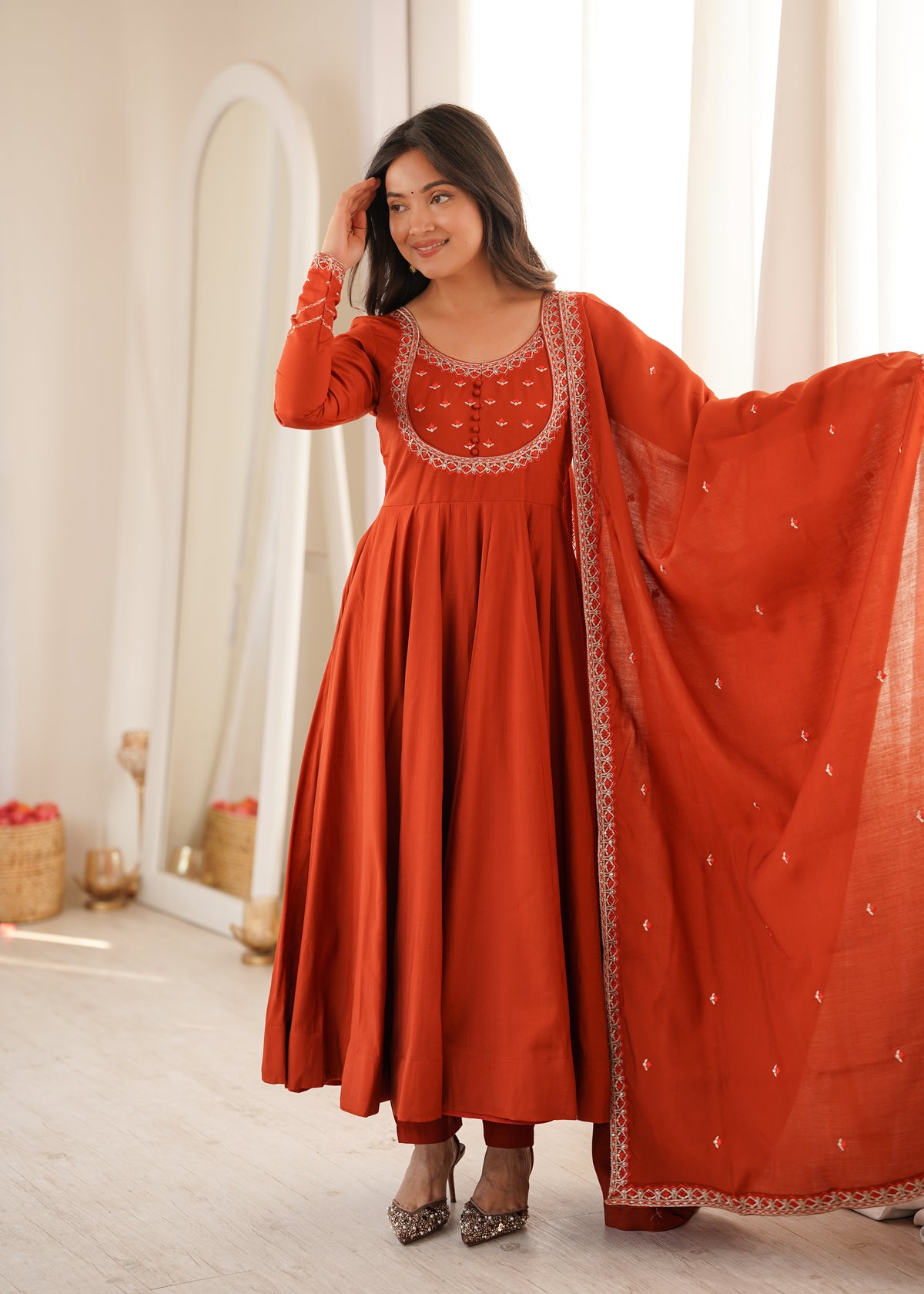 Yellow & Maroon Roman Chanderi Silk 16-Kali Flared Anarkali Suit Set with Thread & Jari Work Dupatta