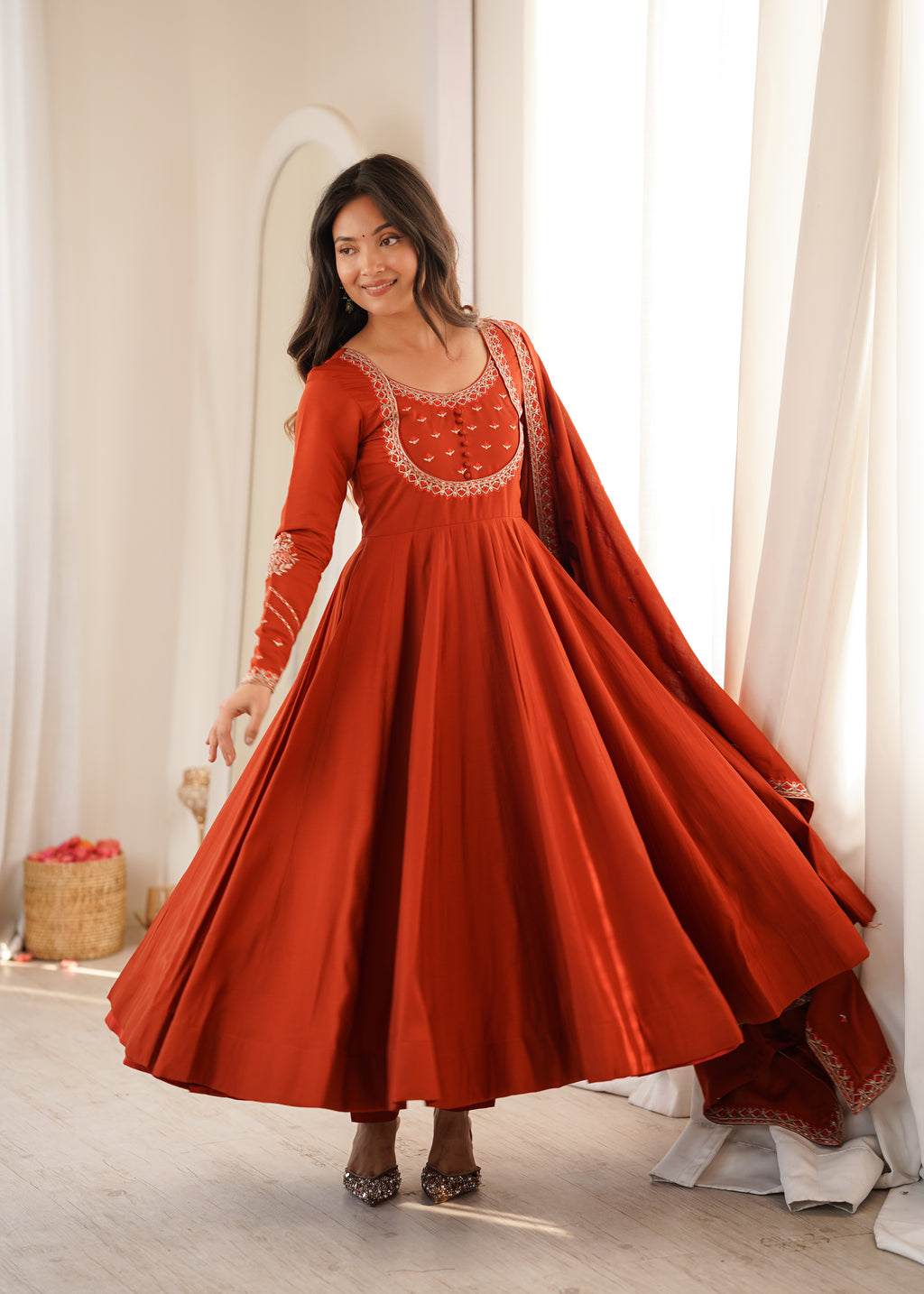 Yellow & Maroon Roman Chanderi Silk 16-Kali Flared Anarkali Suit Set with Thread & Jari Work Dupatta