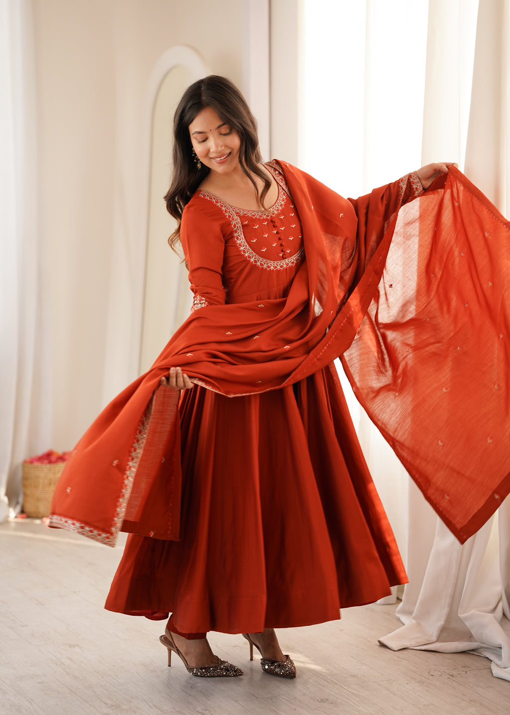 Yellow & Maroon Roman Chanderi Silk 16-Kali Flared Anarkali Suit Set with Thread & Jari Work Dupatta