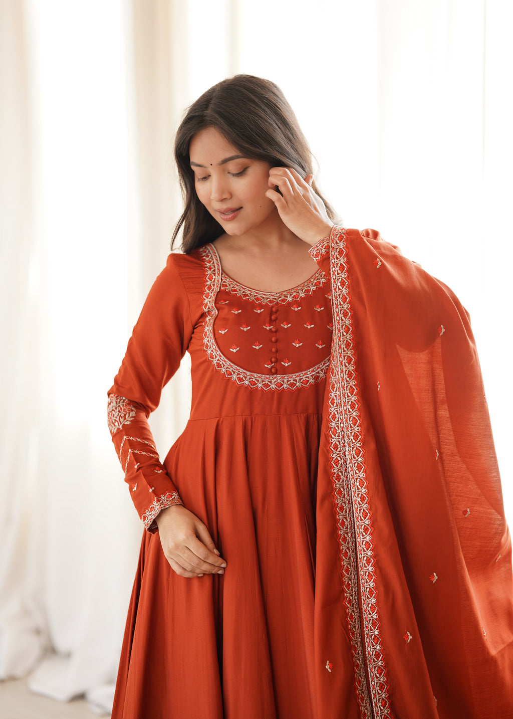 Yellow & Maroon Roman Chanderi Silk 16-Kali Flared Anarkali Suit Set with Thread & Jari Work Dupatta