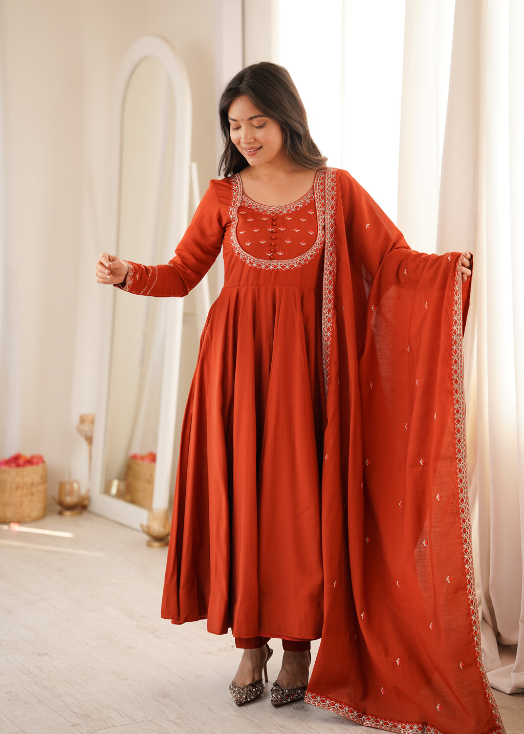 Yellow & Maroon Roman Chanderi Silk 16-Kali Flared Anarkali Suit Set with Thread & Jari Work Dupatta