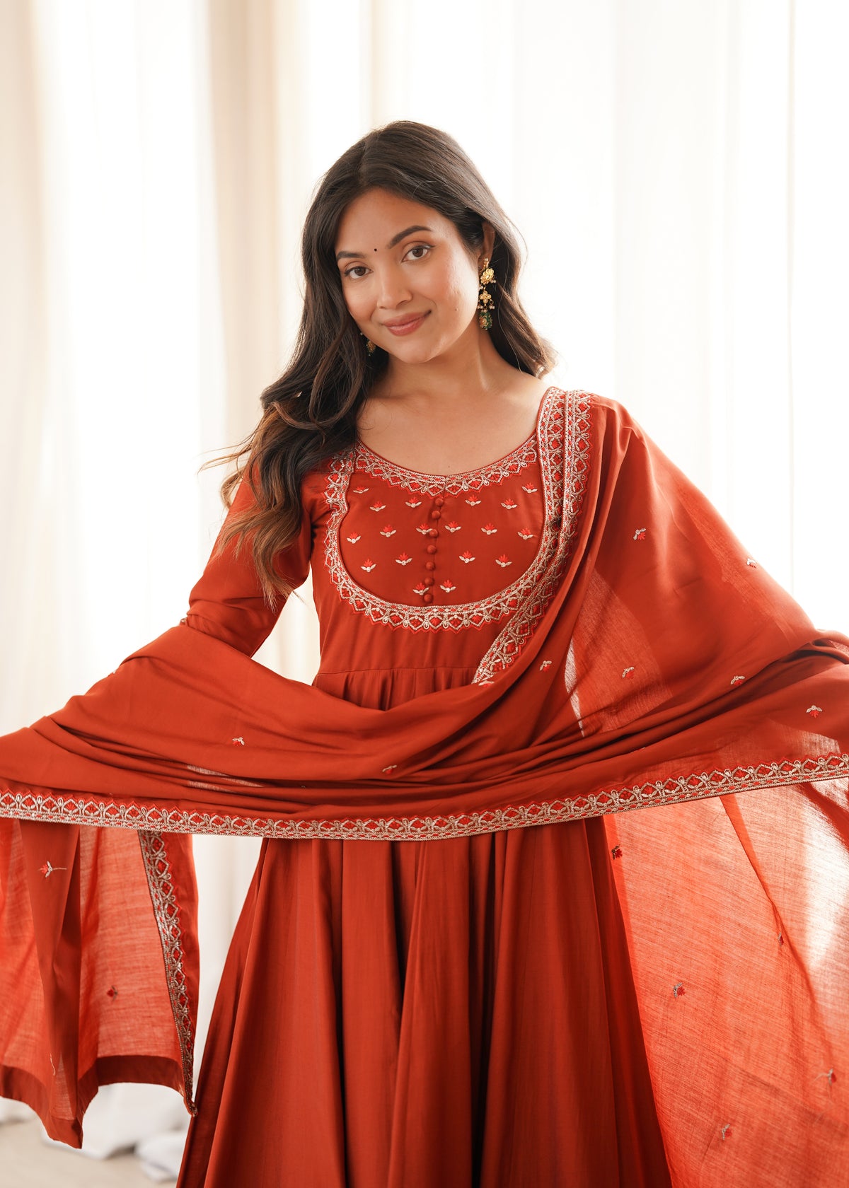 Yellow & Maroon Roman Chanderi Silk 16-Kali Flared Anarkali Suit Set with Thread & Jari Work Dupatta