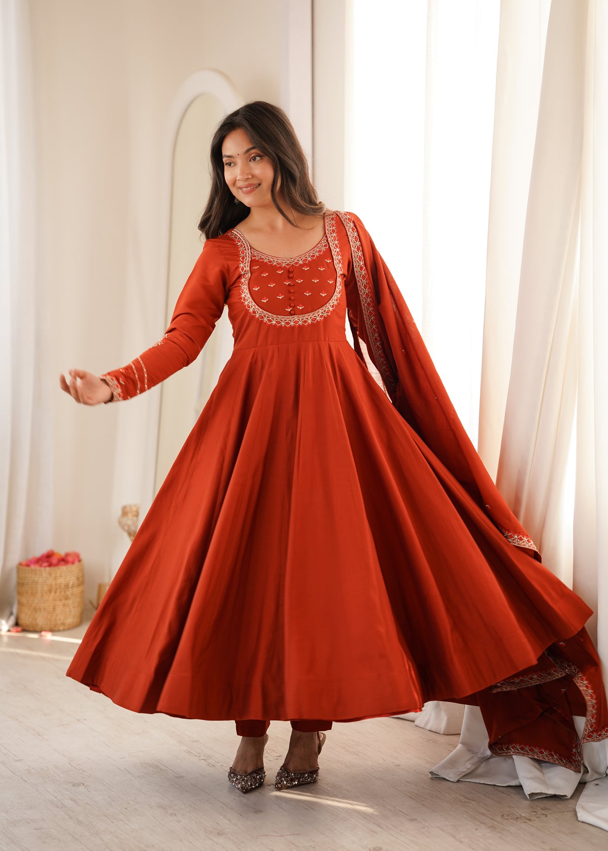 Yellow & Maroon Roman Chanderi Silk 16-Kali Flared Anarkali Suit Set with Thread & Jari Work Dupatta