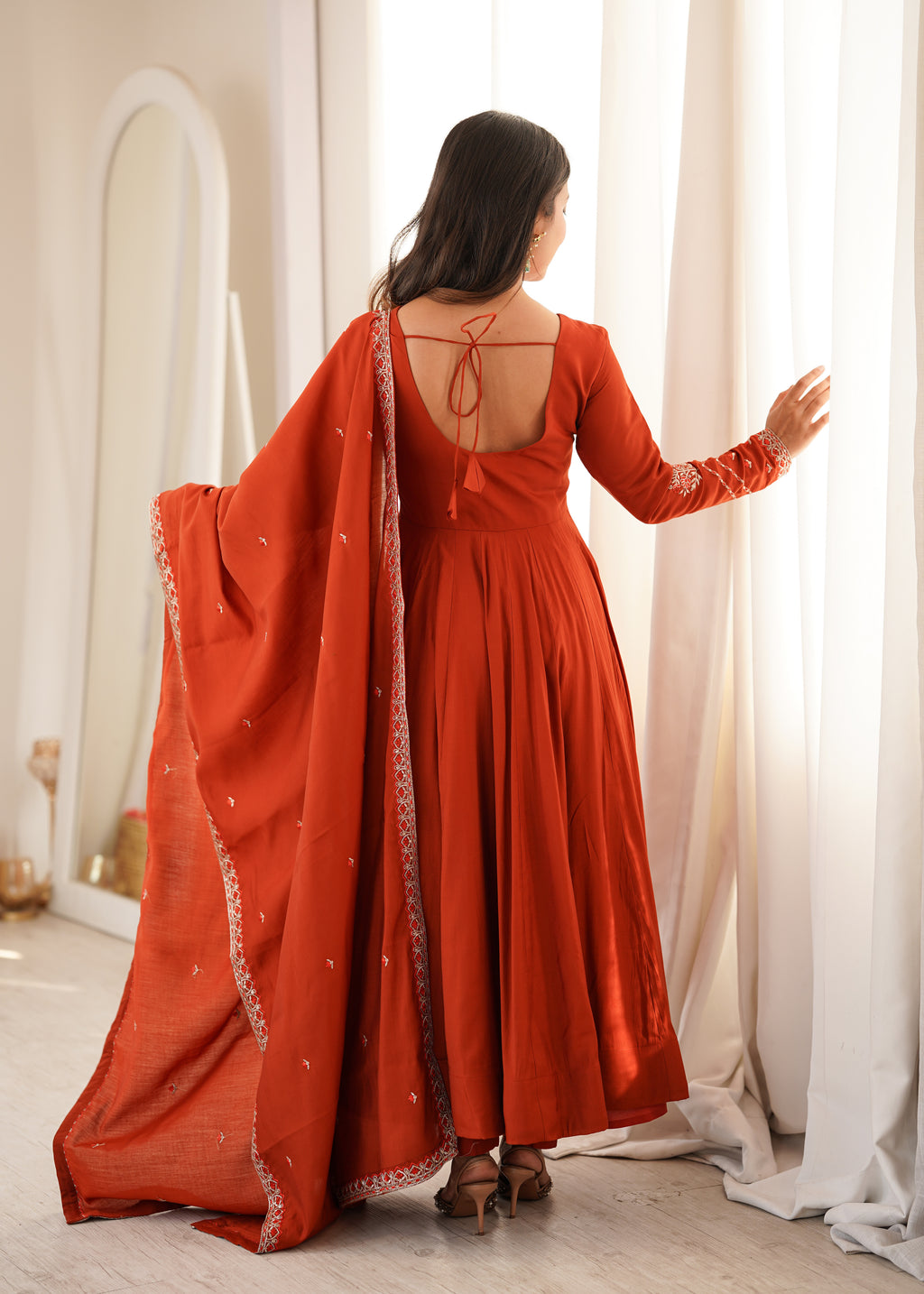 Yellow & Maroon Roman Chanderi Silk 16-Kali Flared Anarkali Suit Set with Thread & Jari Work Dupatta
