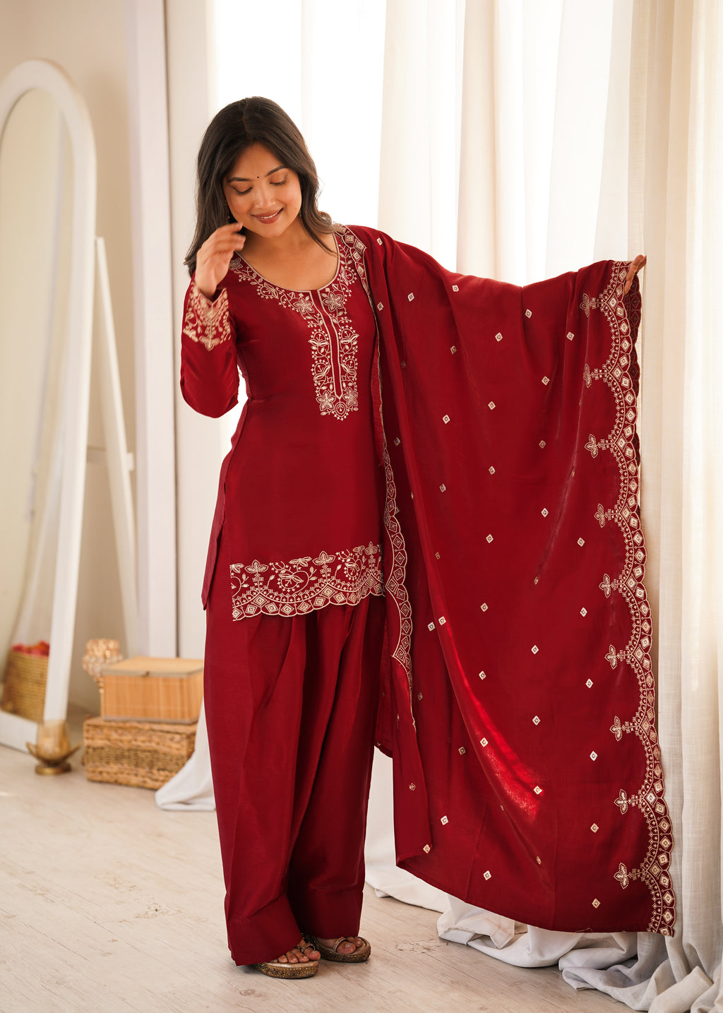 Glass Roman Silk Embroidered Farshi Shalwar Suit with Sequin & Jari Work | Ready to Wear 3-Piece Set