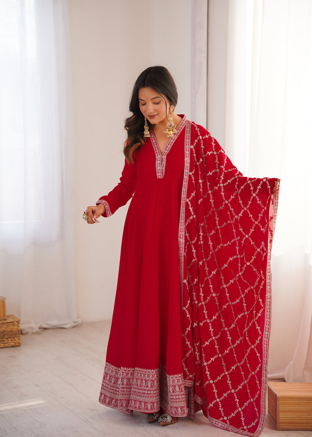 Premium Rust Crunchy Silk Anarkali Gown with Jari, Sequin & Beadwork Dupatta