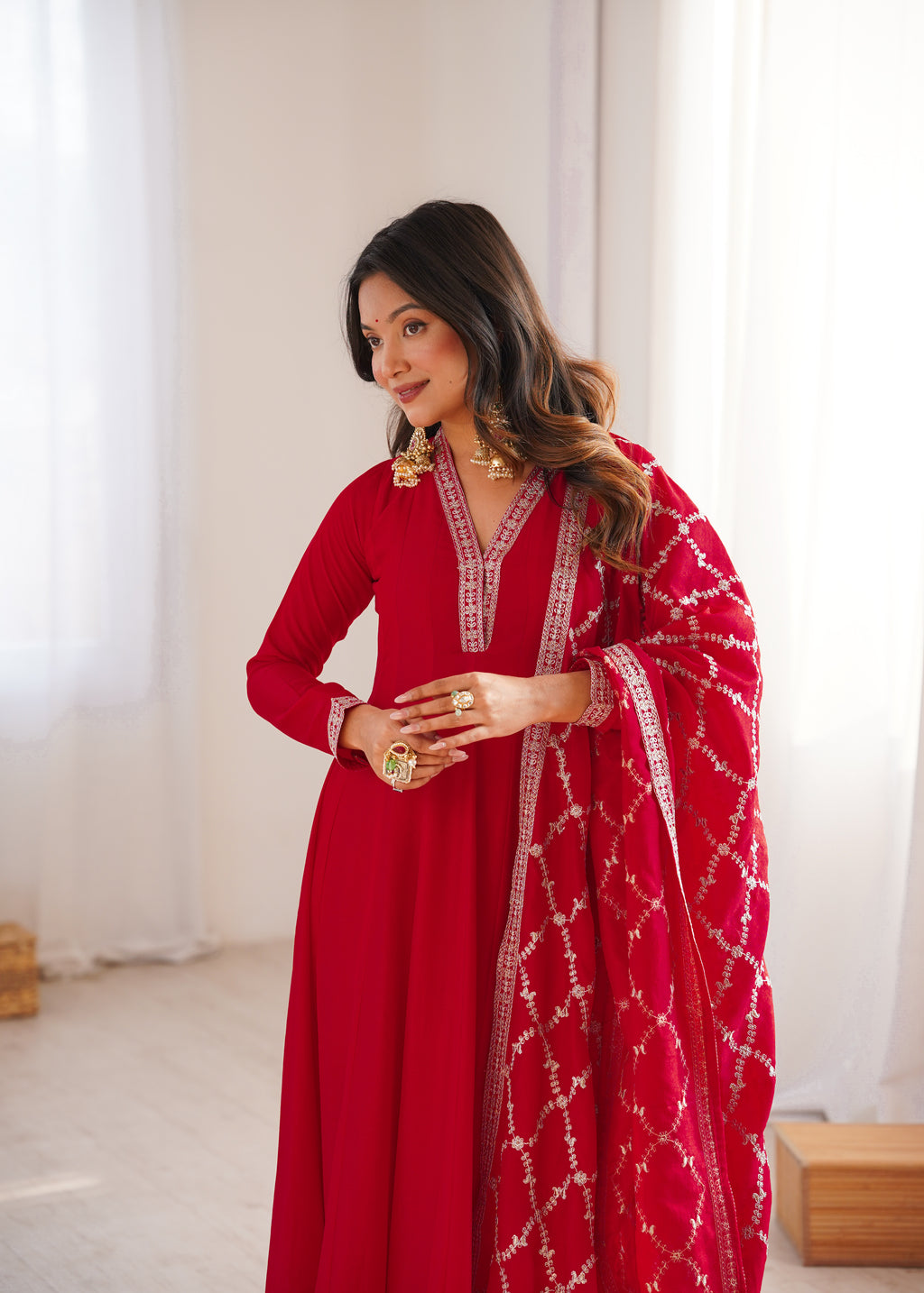 Premium Rust Crunchy Silk Anarkali Gown with Jari, Sequin & Beadwork Dupatta