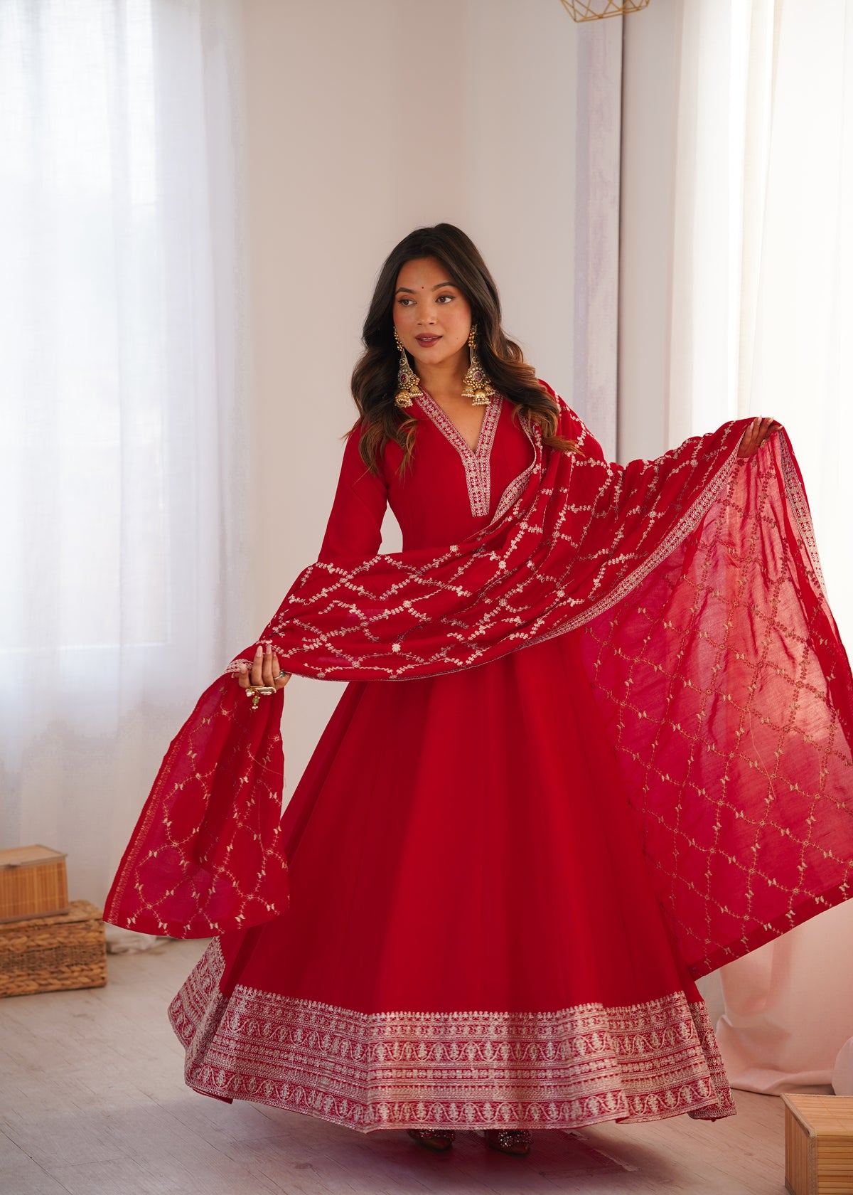 Premium Rust Crunchy Silk Anarkali Gown with Jari, Sequin & Beadwork Dupatta
