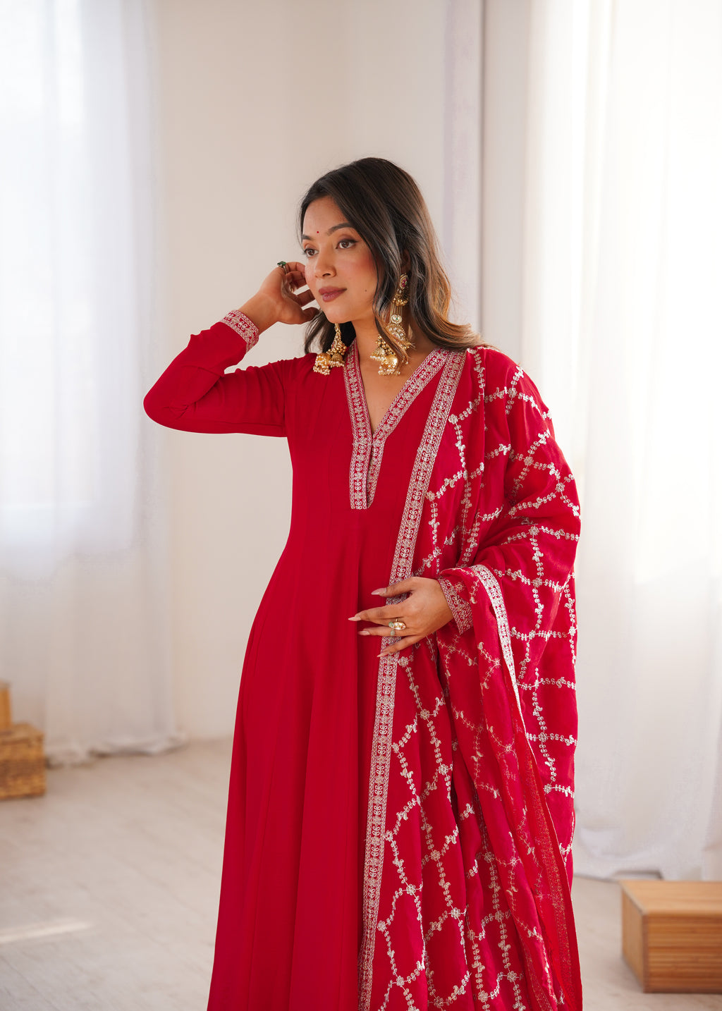 Premium Rust Crunchy Silk Anarkali Gown with Jari, Sequin & Beadwork Dupatta