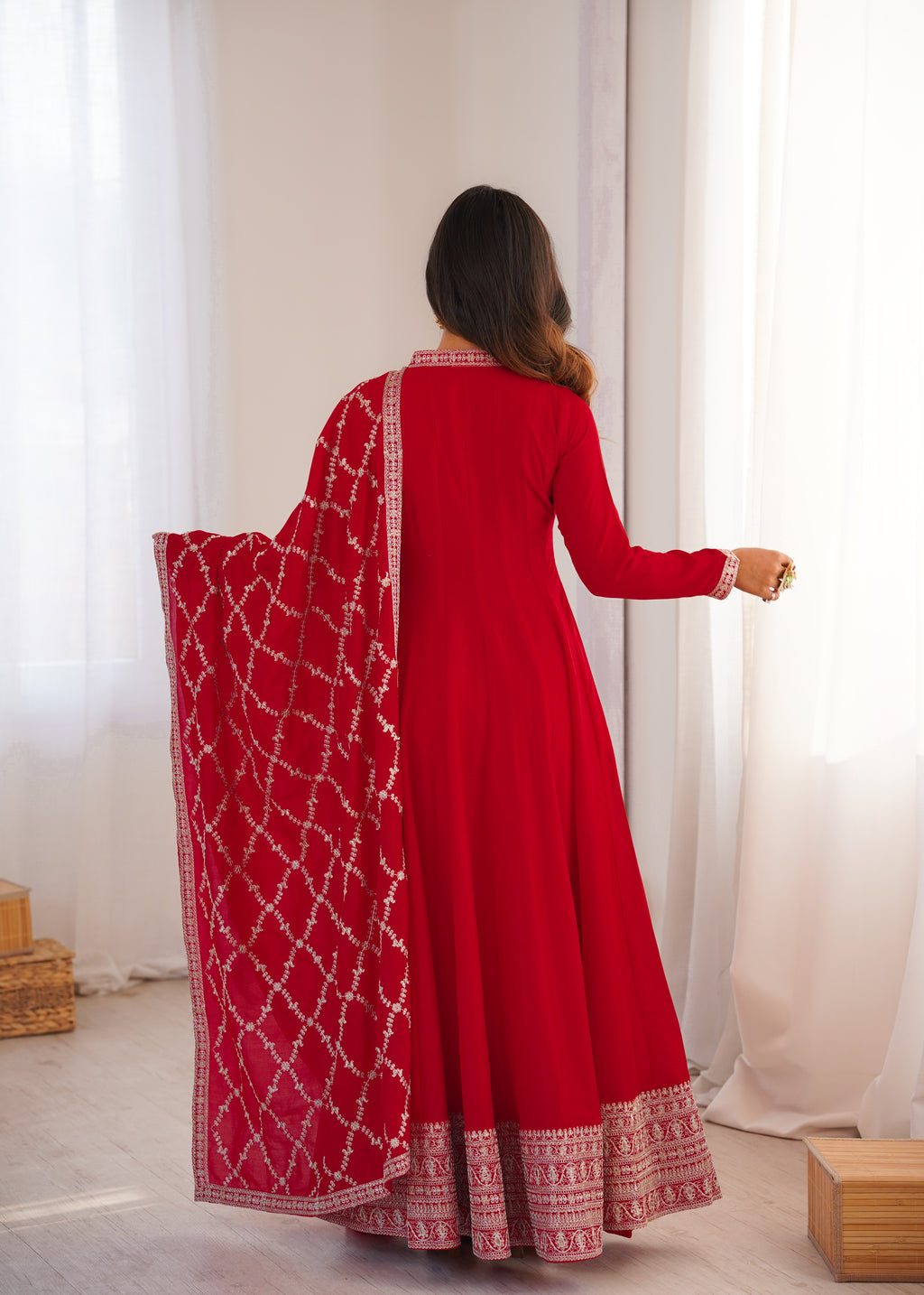 Premium Rust Crunchy Silk Anarkali Gown with Jari, Sequin & Beadwork Dupatta