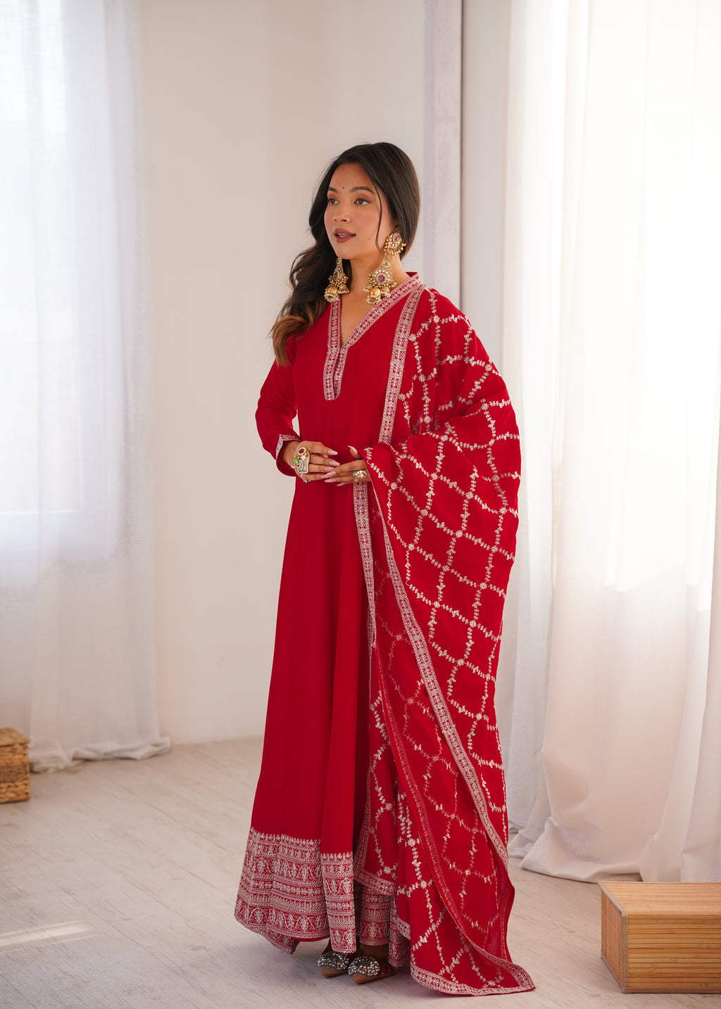 Premium Rust Crunchy Silk Anarkali Gown with Jari, Sequin & Beadwork Dupatta
