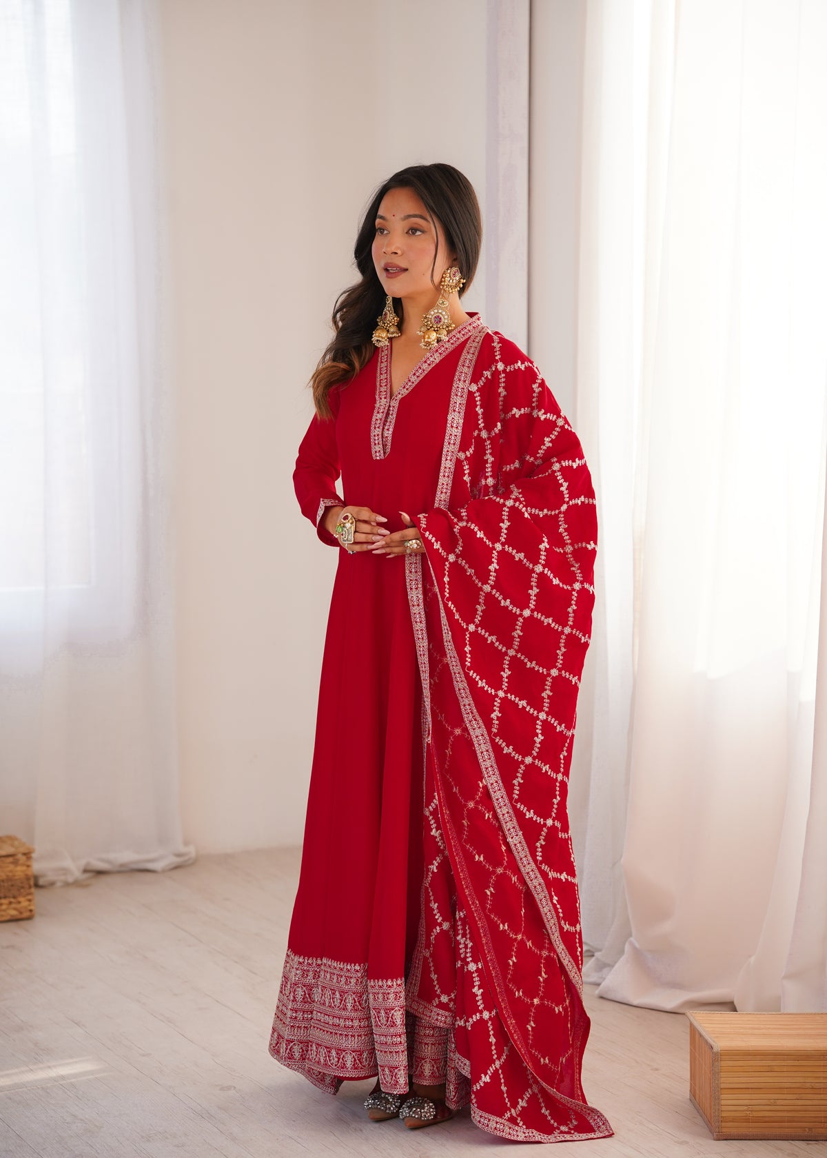 Premium Rust Crunchy Silk Anarkali Gown with Jari, Sequin & Beadwork Dupatta
