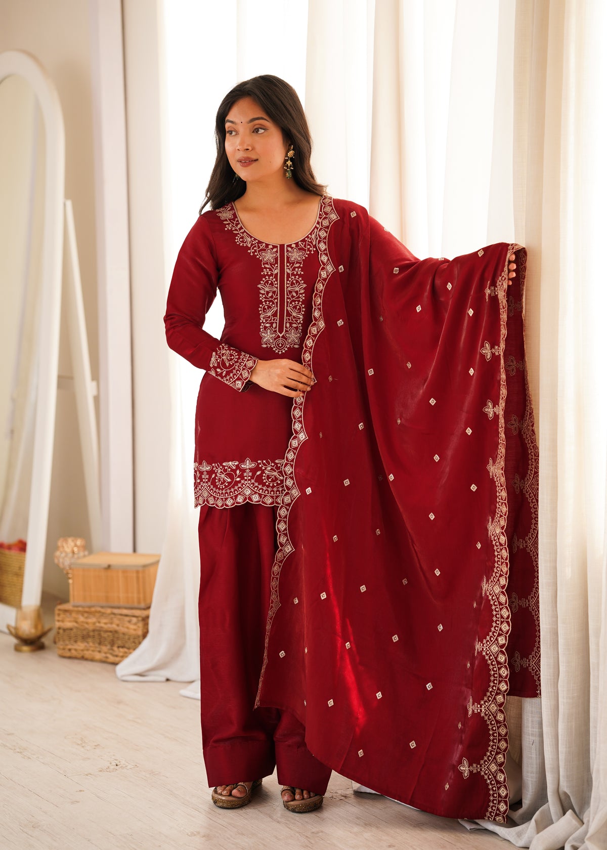 Glass Roman Silk Embroidered Farshi Shalwar Suit with Sequin & Jari Work | Ready to Wear 3-Piece Set