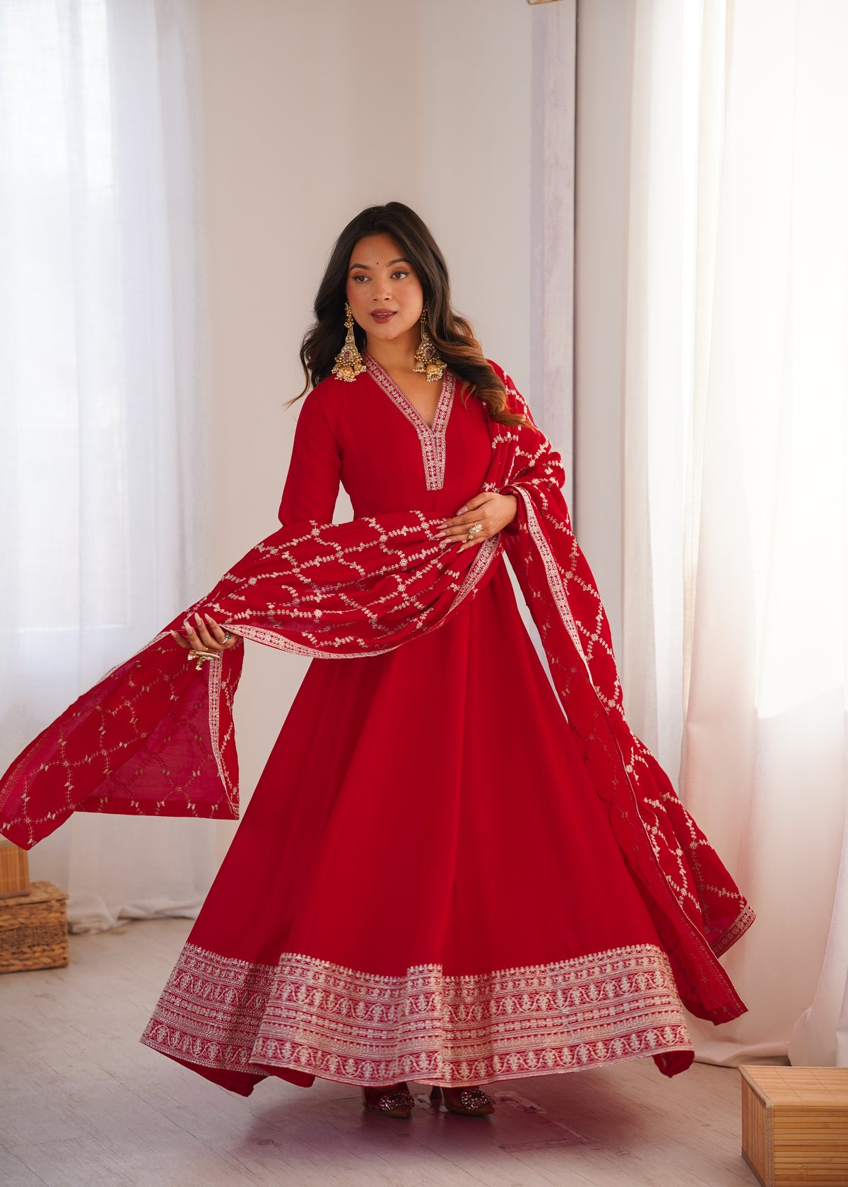 Premium Rust Crunchy Silk Anarkali Gown with Jari, Sequin & Beadwork Dupatta