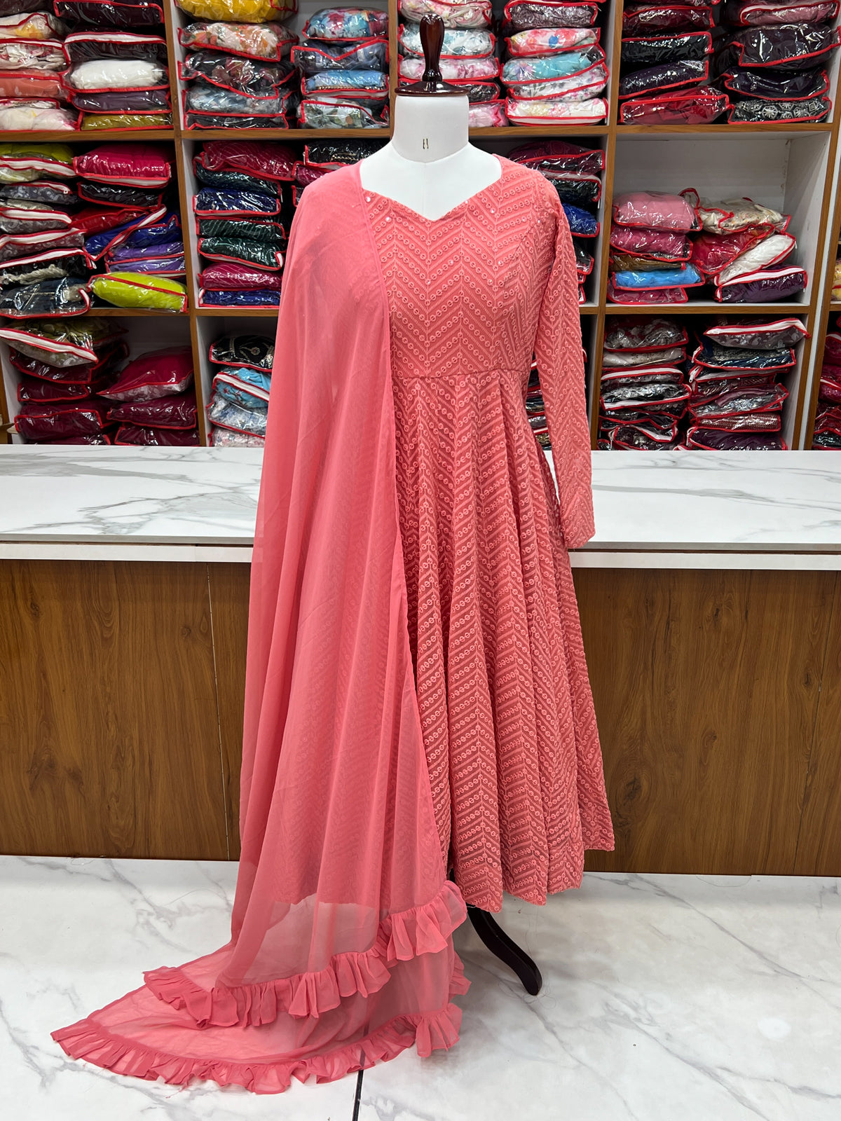 Lucknowi Faux Georgette Anarkali Suit with 4M Kali Flair, Sequin Work & Ruffle Dupatta