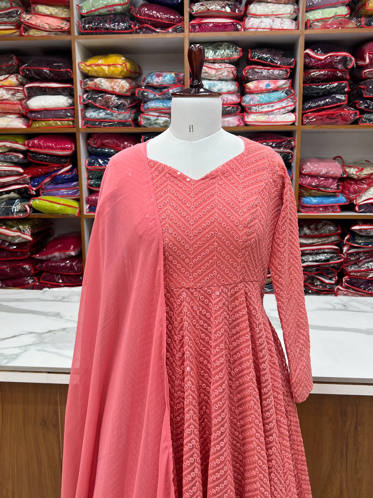 Lucknowi Faux Georgette Anarkali Suit with 4M Kali Flair, Sequin Work & Ruffle Dupatta