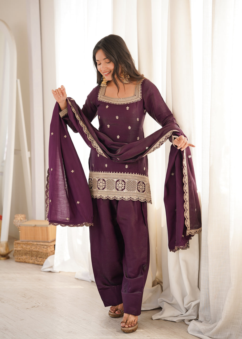 Premium Glass Roman Silk Embroidered Top with Farshi Shalwar Set