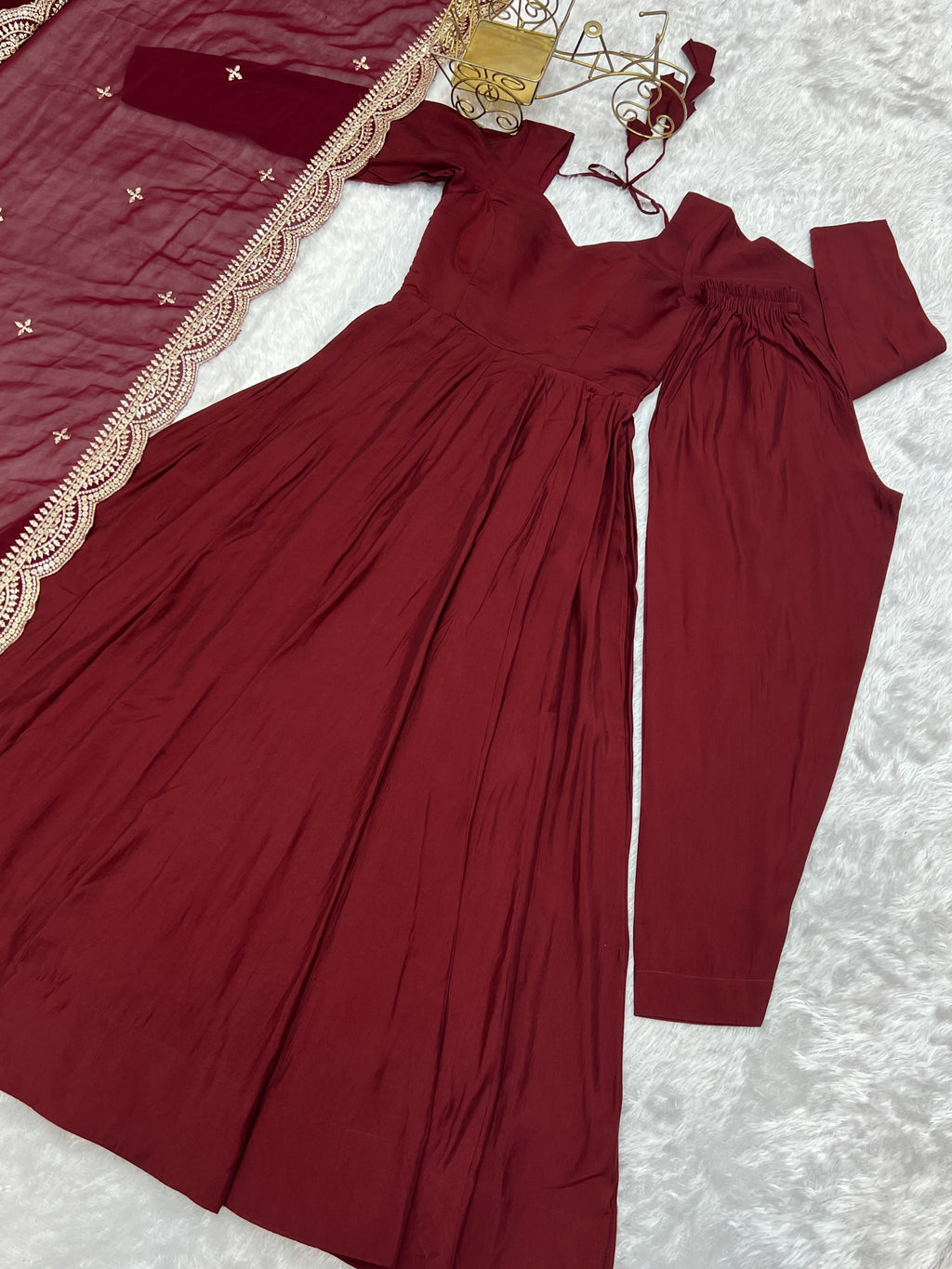 Romansilk Chanderi 16-Kali Anarkali Gown with Sequin Cutwork Dupatta & Stitched Pant