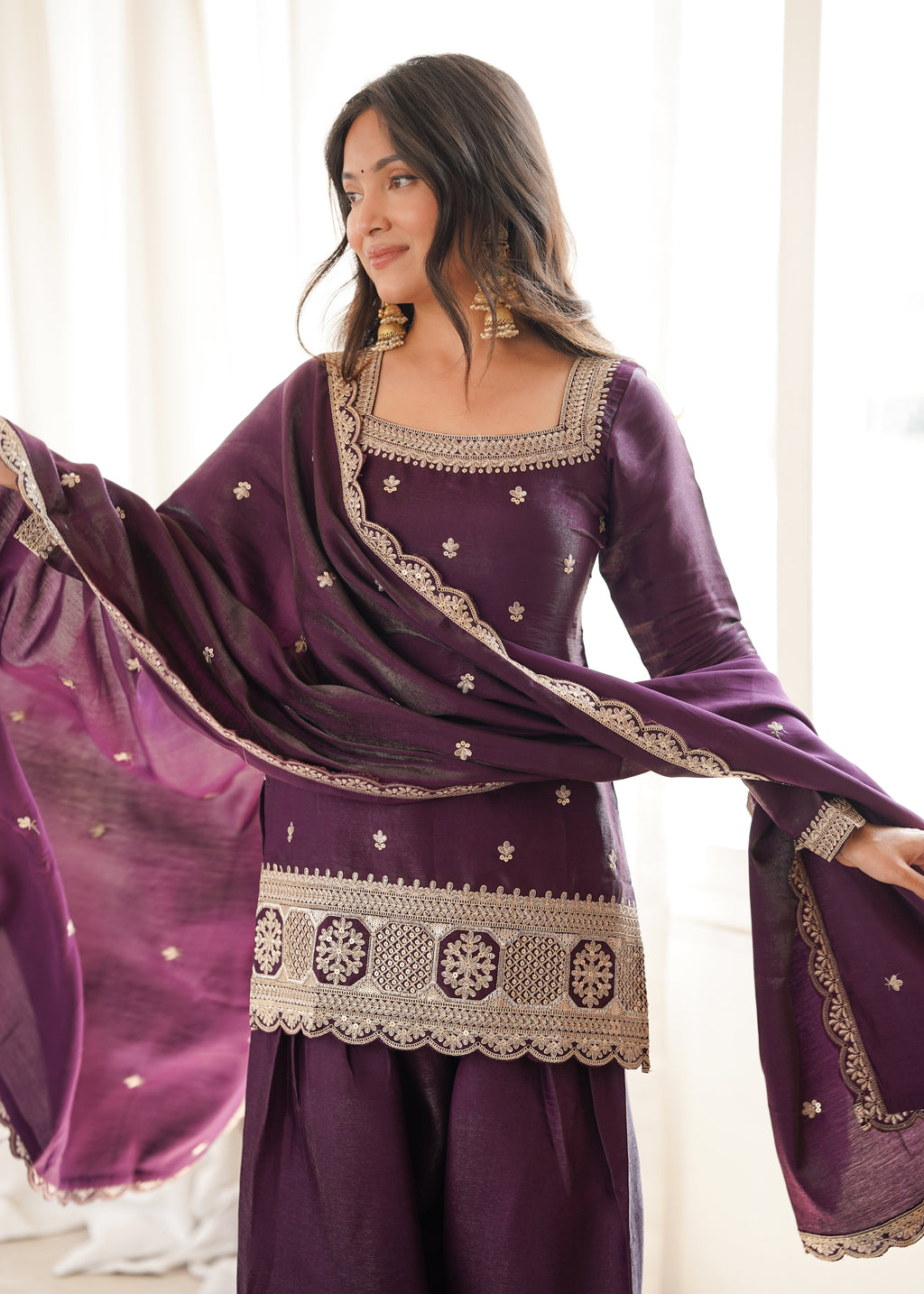 Premium Glass Roman Silk Embroidered Top with Farshi Shalwar Set