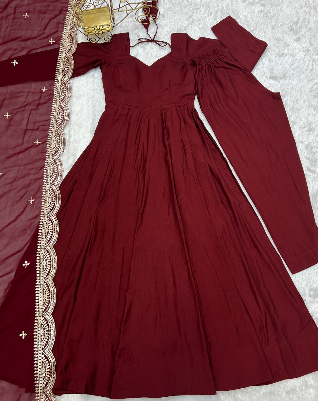 Romansilk Chanderi 16-Kali Anarkali Gown with Sequin Cutwork Dupatta & Stitched Pant
