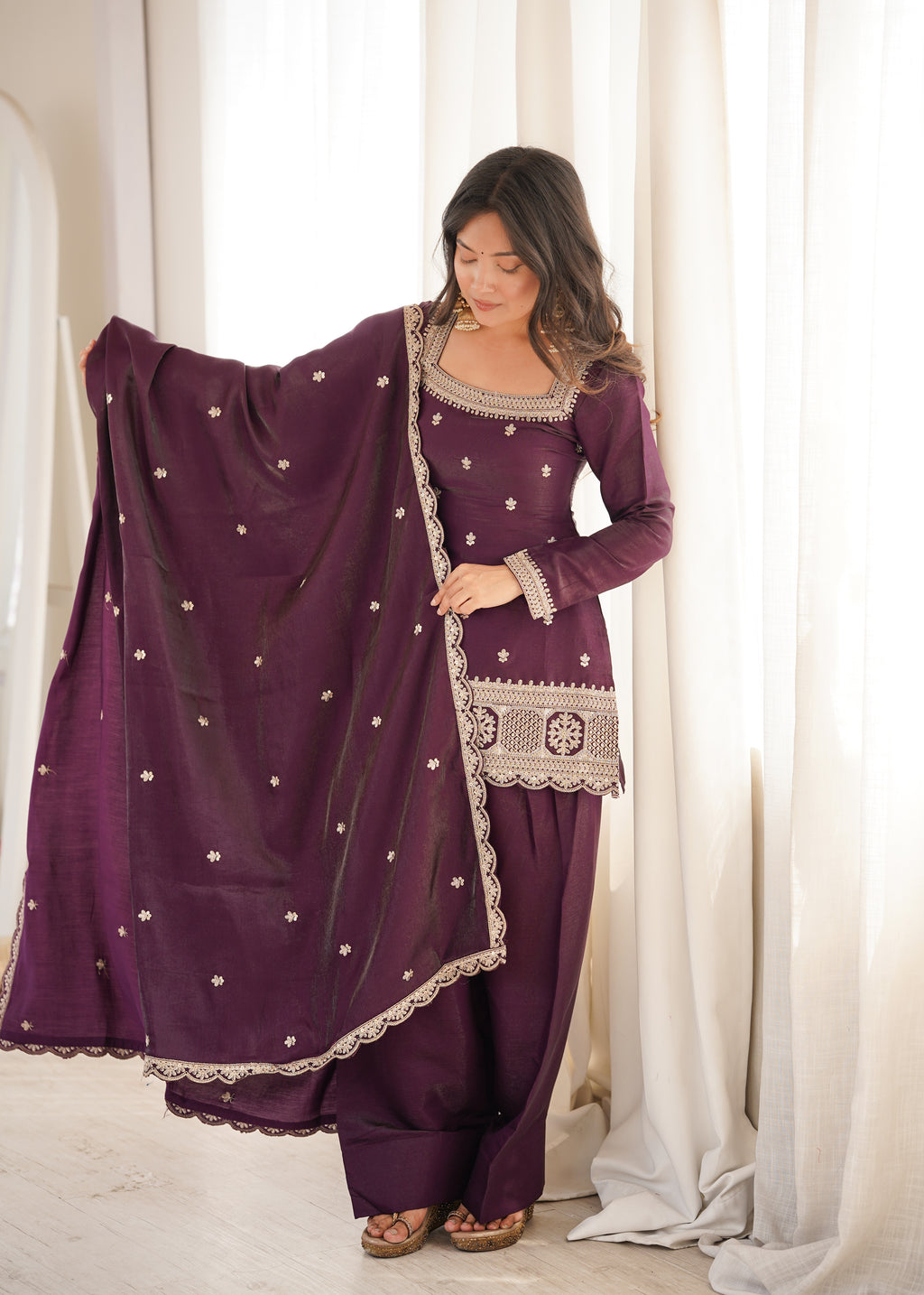 Premium Glass Roman Silk Embroidered Top with Farshi Shalwar Set