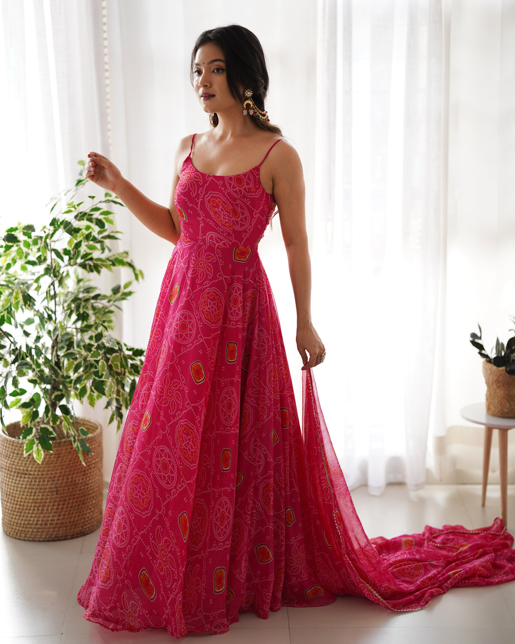 Lightweight Chiffon Bandhej 8M Flair Gown with Backless Dori Detail & Lace Dupatta
