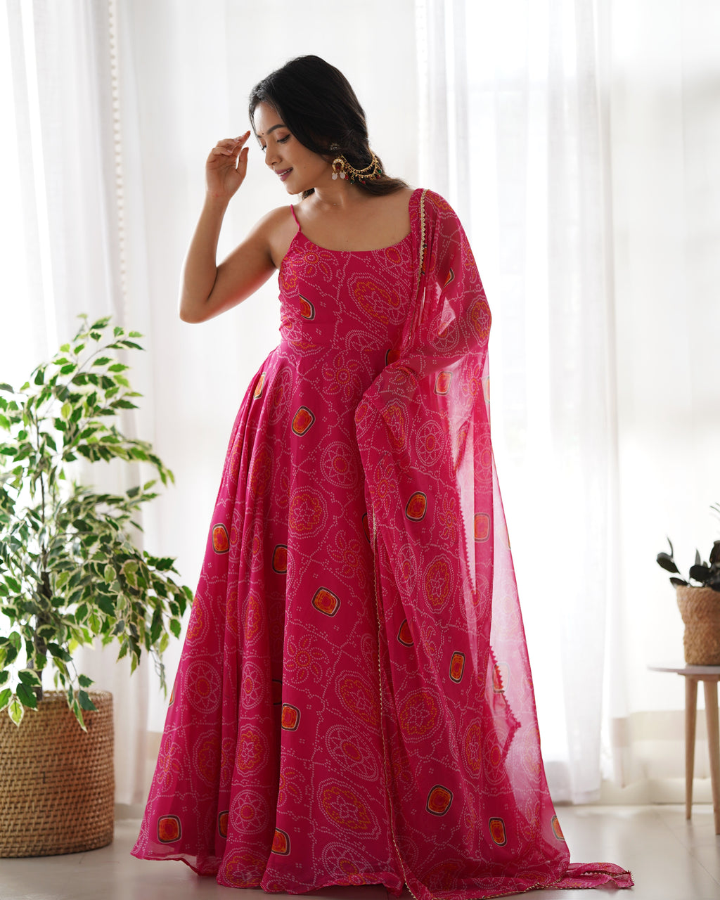 Lightweight Chiffon Bandhej 8M Flair Gown with Backless Dori Detail & Lace Dupatta