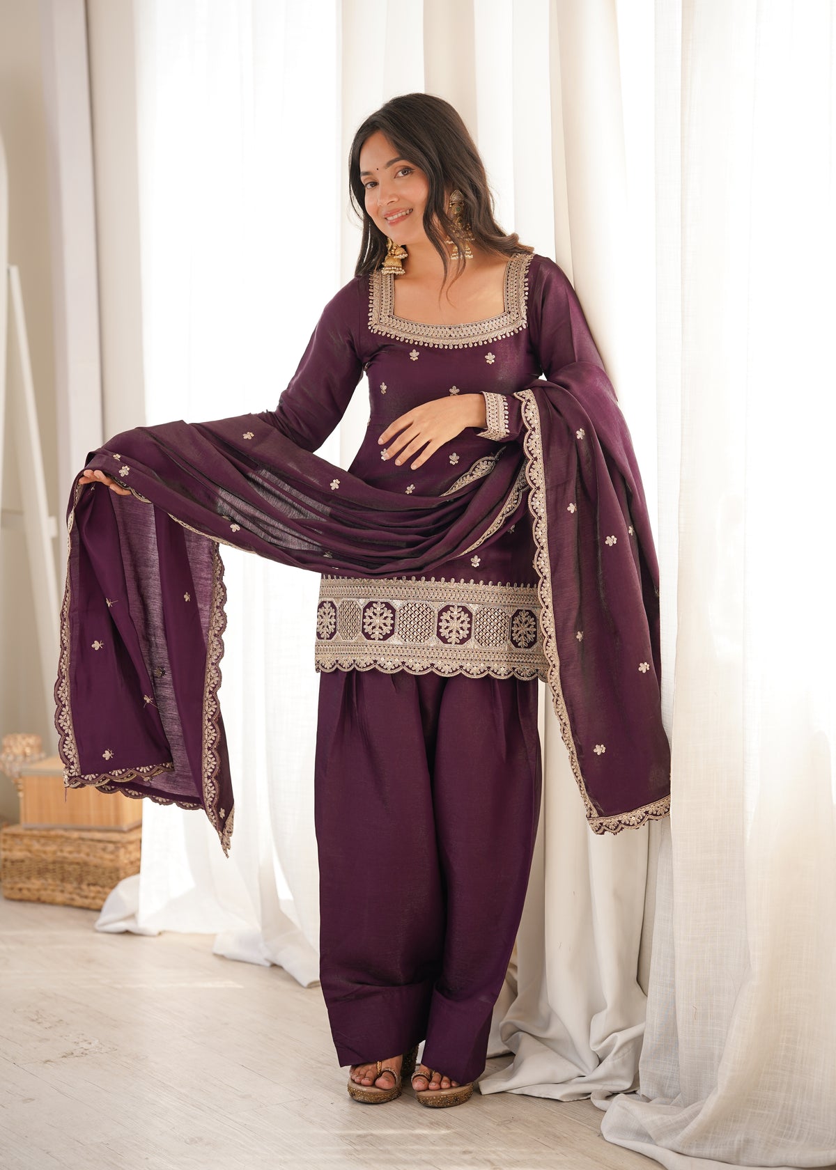 Premium Glass Roman Silk Embroidered Top with Farshi Shalwar Set