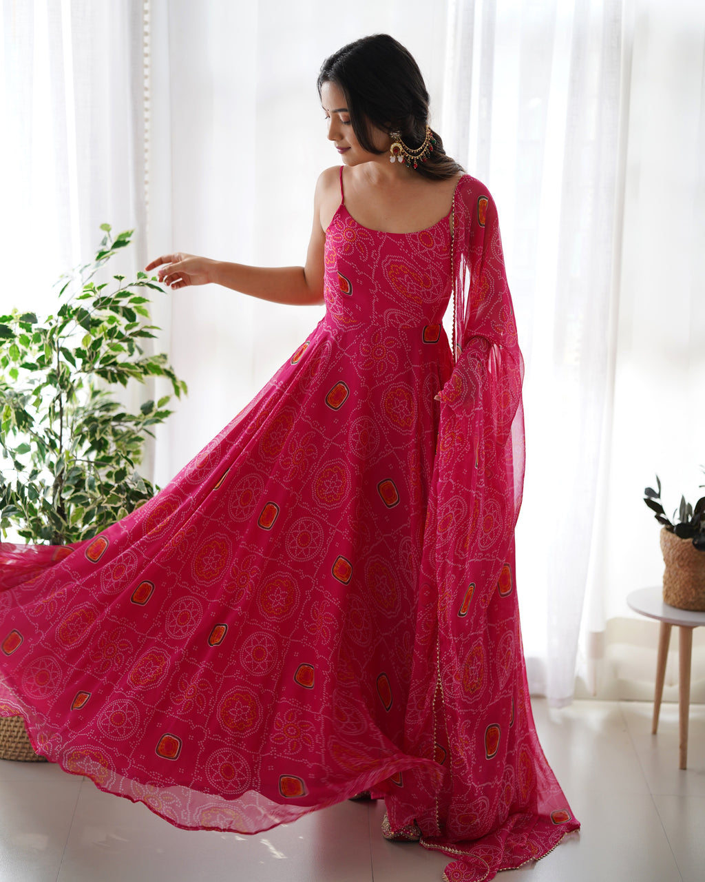 Lightweight Chiffon Bandhej 8M Flair Gown with Backless Dori Detail & Lace Dupatta