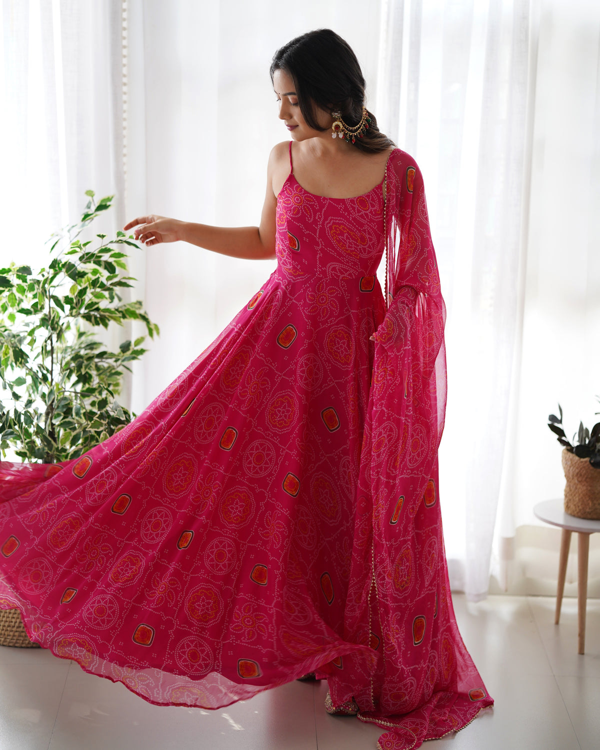 Lightweight Chiffon Bandhej 8M Flair Gown with Backless Dori Detail & Lace Dupatta