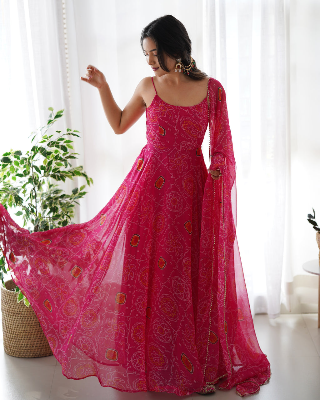 Lightweight Chiffon Bandhej 8M Flair Gown with Backless Dori Detail & Lace Dupatta