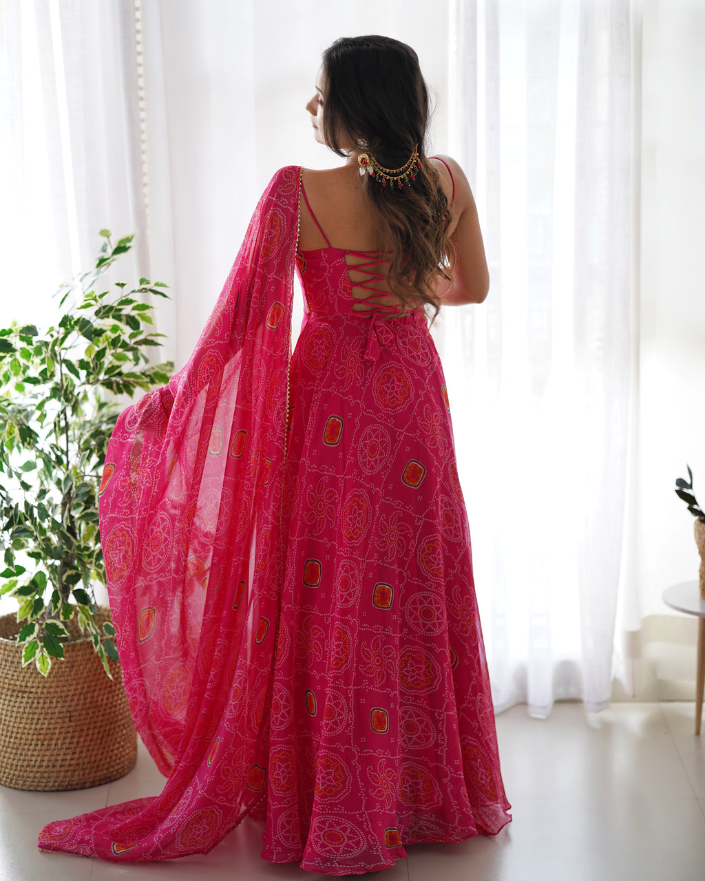 Lightweight Chiffon Bandhej 8M Flair Gown with Backless Dori Detail & Lace Dupatta