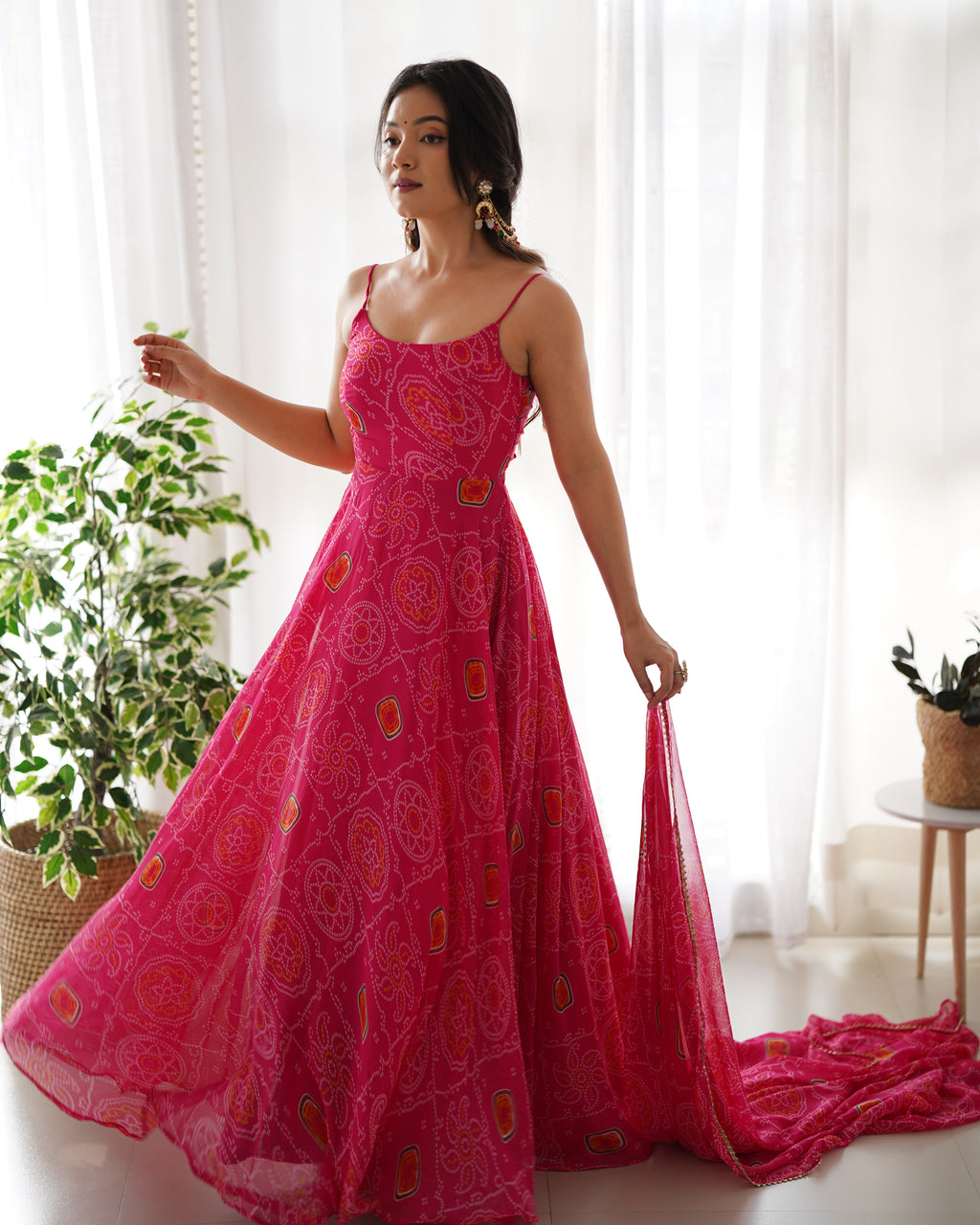 Lightweight Chiffon Bandhej 8M Flair Gown with Backless Dori Detail & Lace Dupatta