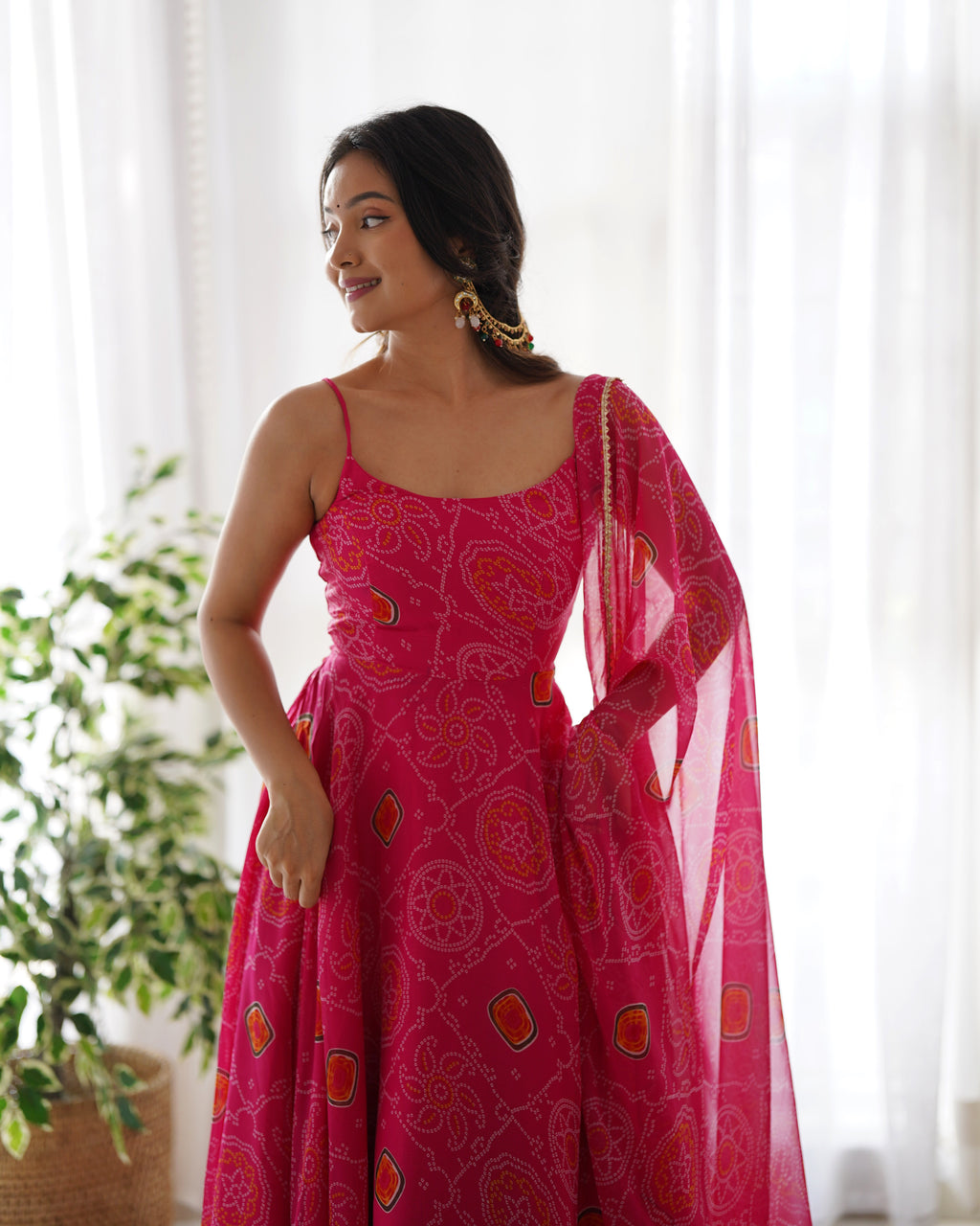 Lightweight Chiffon Bandhej 8M Flair Gown with Backless Dori Detail & Lace Dupatta