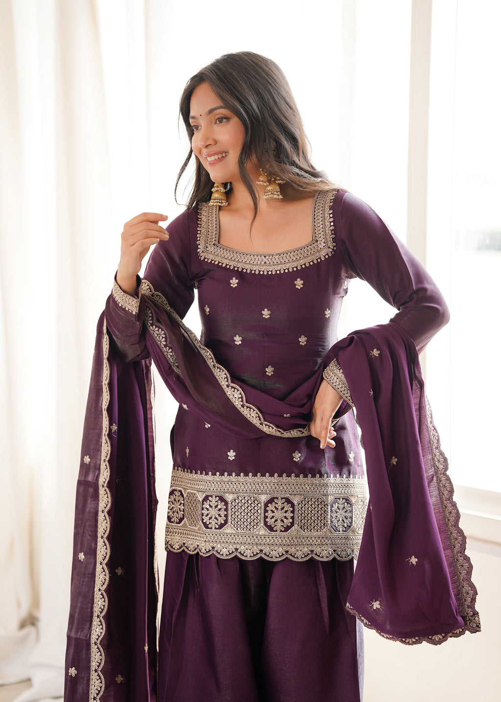 Premium Glass Roman Silk Embroidered Top with Farshi Shalwar Set