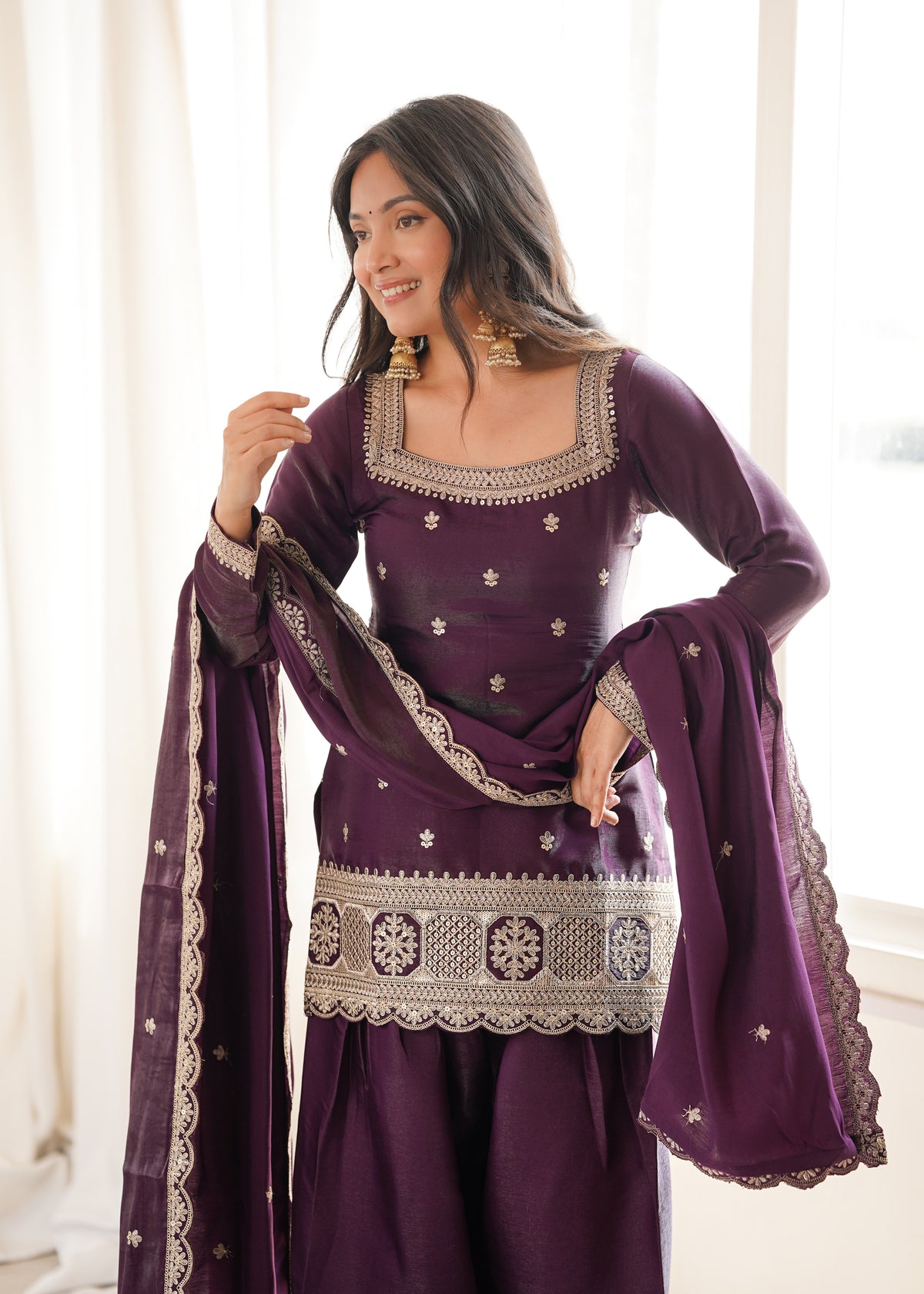 Premium Glass Roman Silk Embroidered Top with Farshi Shalwar Set