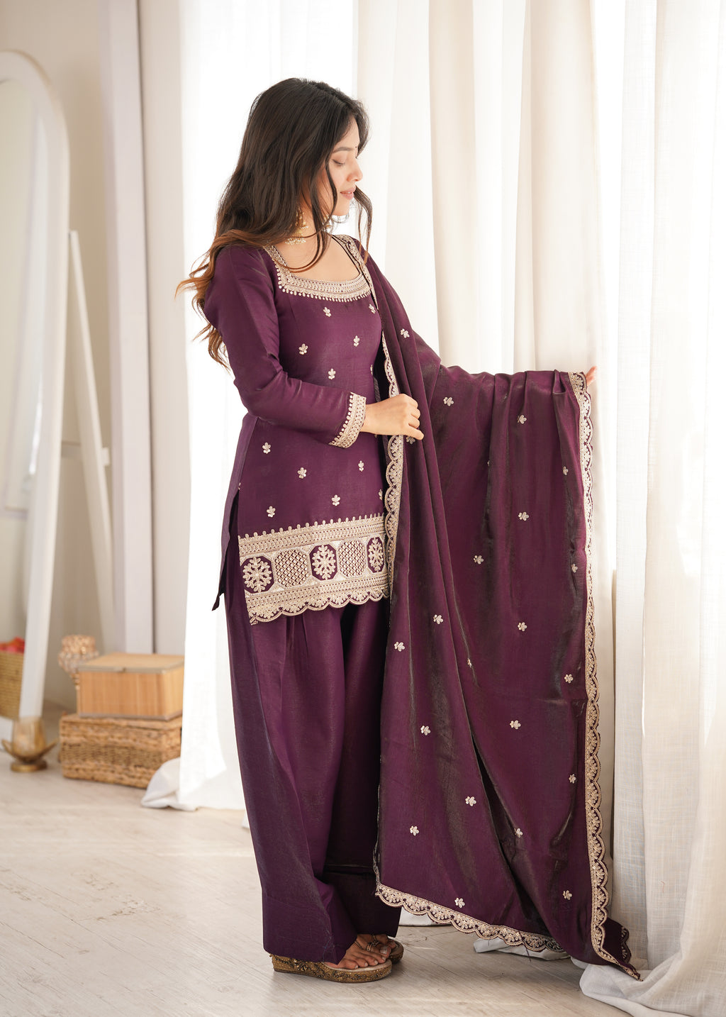 Premium Glass Roman Silk Embroidered Top with Farshi Shalwar Set