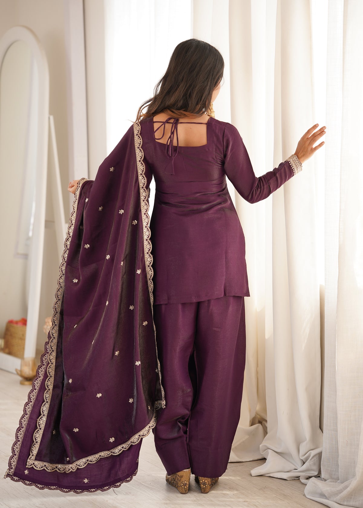 Premium Glass Roman Silk Embroidered Top with Farshi Shalwar Set