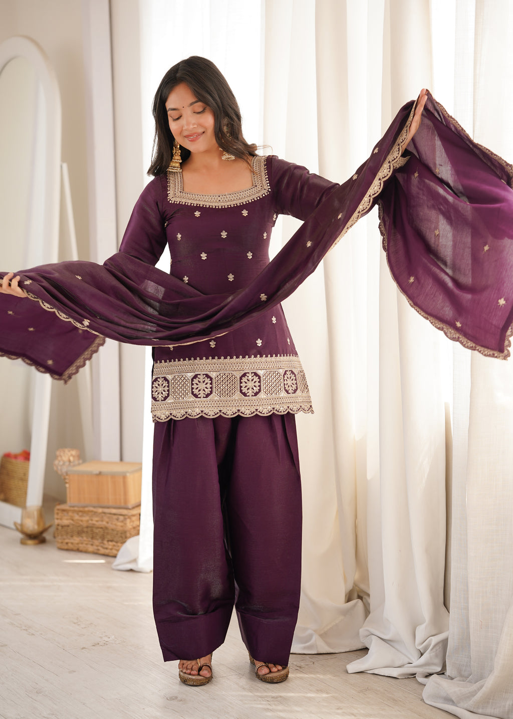 Premium Glass Roman Silk Embroidered Top with Farshi Shalwar Set