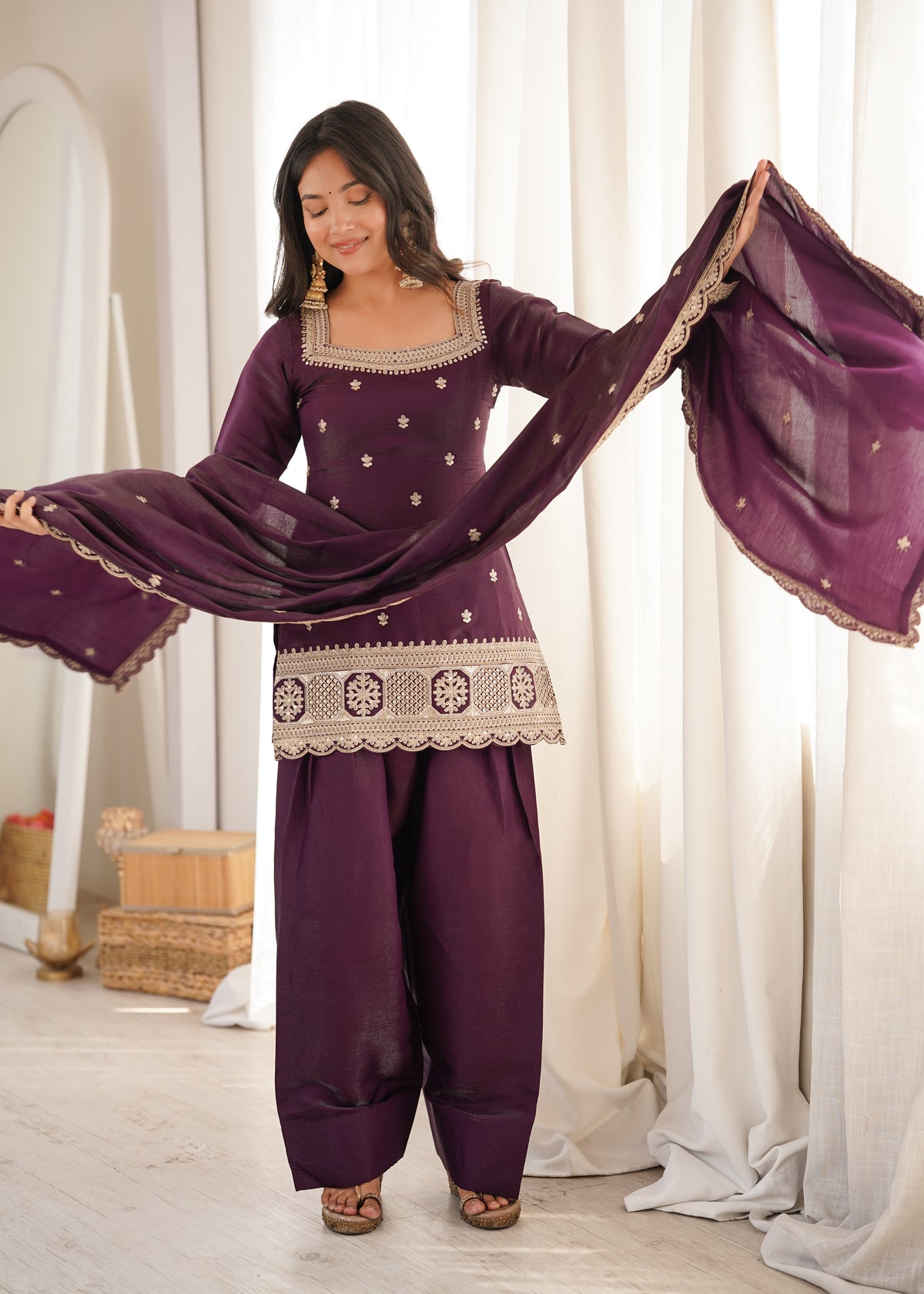Premium Glass Roman Silk Embroidered Top with Farshi Shalwar Set