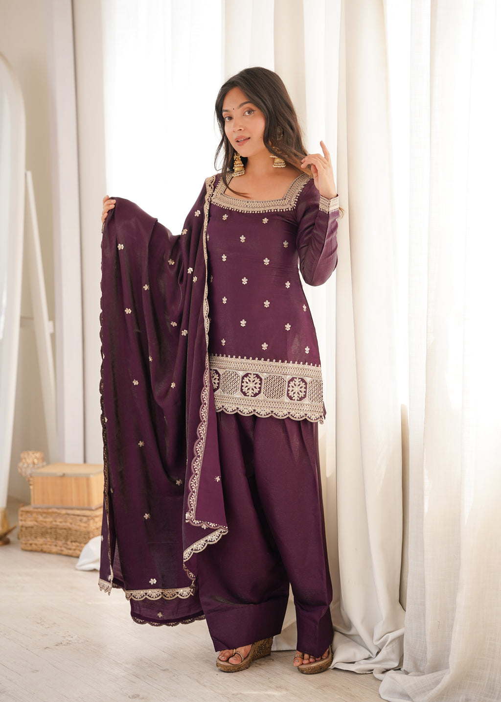 Premium Glass Roman Silk Embroidered Top with Farshi Shalwar Set