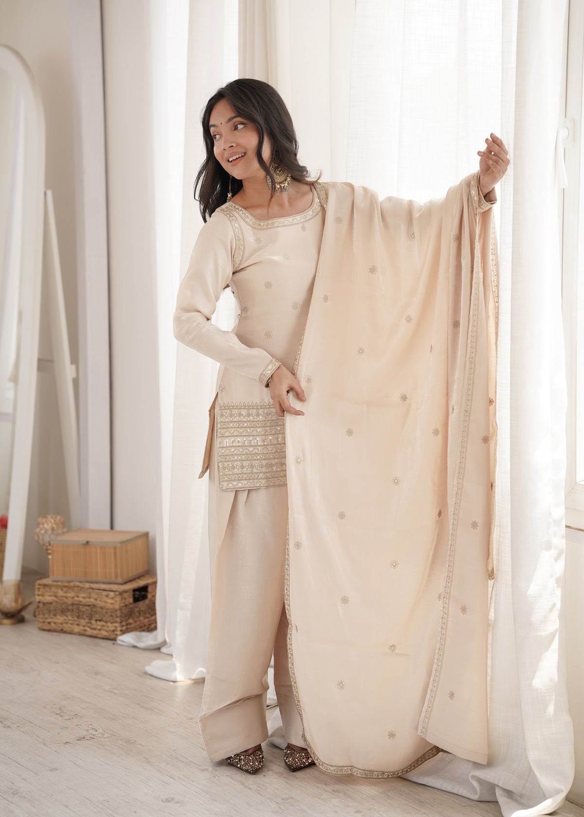 Glass Roman Silk Embroidered Top with Farshi Shalwar Set